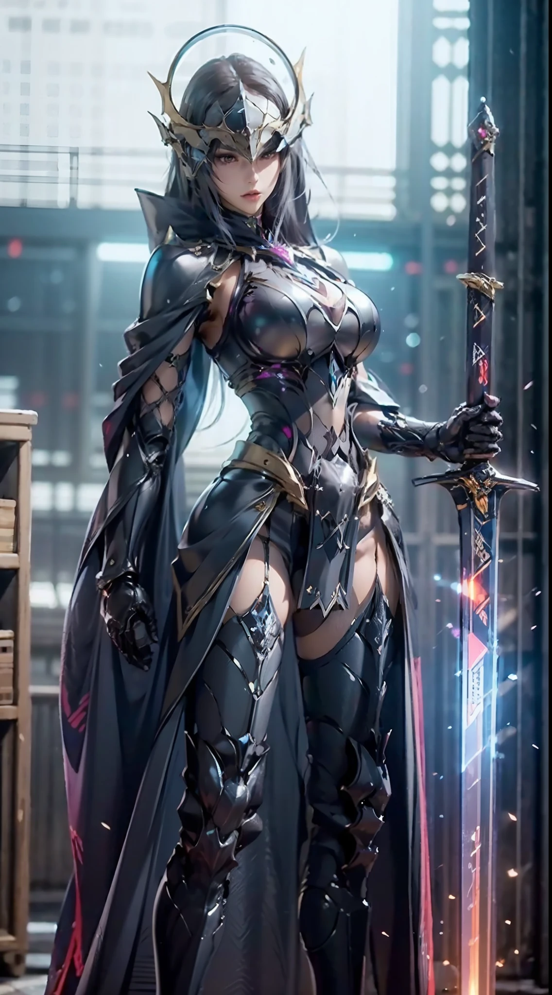 ((unreal enginee 5)), lifelike rendering, excellent, (Full Armor Body), (cloaks), (Helm), looking in camera, Stand in the studio, Beautiful face, makeup, CGI Mix, (Photorealism:1.2), Ultra-realistic UHD face, (Colossal tits), Slim waist, an hourglass figure, Half body, ((Glowing skin)), ((Shiny skin)), Realistic body, ((She has a sexy body)), ((Clean skin)), Photorealistic, Bokeh, Motion Blur, masutepiece, hight resolution, 1080p, Super Detail, Textured skin, (Sword at the waist)