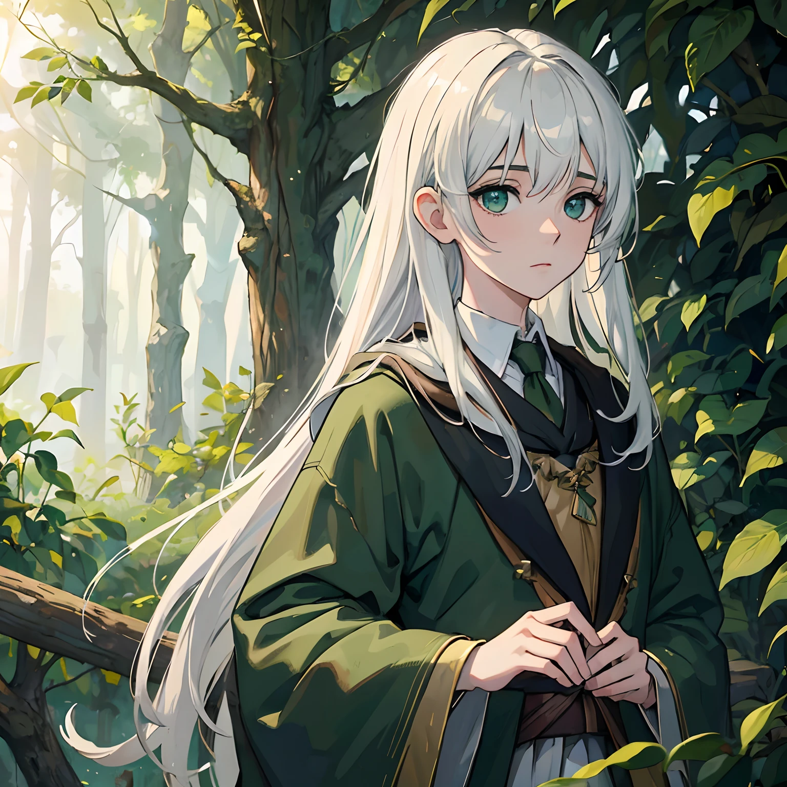 (best quality,4k,Altas,master part:1.2),anime,retrato, novo,Beautiful,belos olhos verdes detalhados,pale skin,Longos cabelos branco-grisalhos,vagando na floresta,neutral expression,calmo,Hogwarts robes,verde,Sonserina