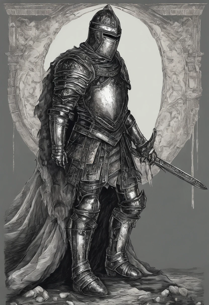 Illustration based on the referenced medieval fantasy knight. The knight is in the same position, vestindo uma armadura prateada completa. The cuirass is adorned with laurel designs reminiscent of the Romans. Their gauntlets and boots are made of the same silver metal as the rest of the armor. He is covered with a flowing red cape. A face do escudo, that's next to him, Displays the appearance of a beautiful woman with wavy hair, mantendo o restante dos detalhes da imagem original.