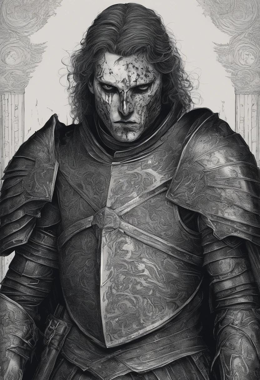 Illustration based on the referenced medieval fantasy knight. The knight is in the same position, vestindo uma armadura prateada completa. The cuirass is adorned with laurel designs reminiscent of the Romans. Their gauntlets and boots are made of the same silver metal as the rest of the armor. He is covered with a flowing red cape. A face do escudo, that's next to him, Displays the appearance of a beautiful woman with wavy hair, mantendo o restante dos detalhes da imagem original.