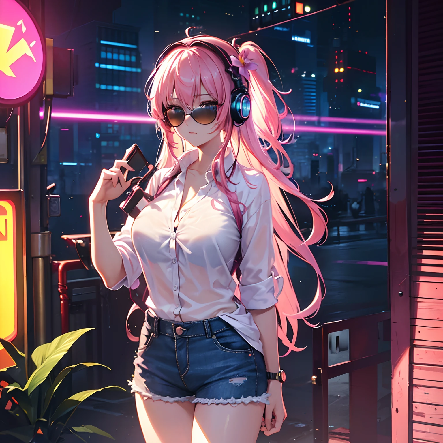 Masterpiece, best quality, (very detailed CG unity 8k wallpaper) (best quality), (best illustration), (best shadows), single female, full body, long pink hair, anime, very large breasts, short sleeve button up hawaiian shirt with flowers, jean shorts, cyberpunk, neon, sunglasses, headphones, detailed skin, beautiful face