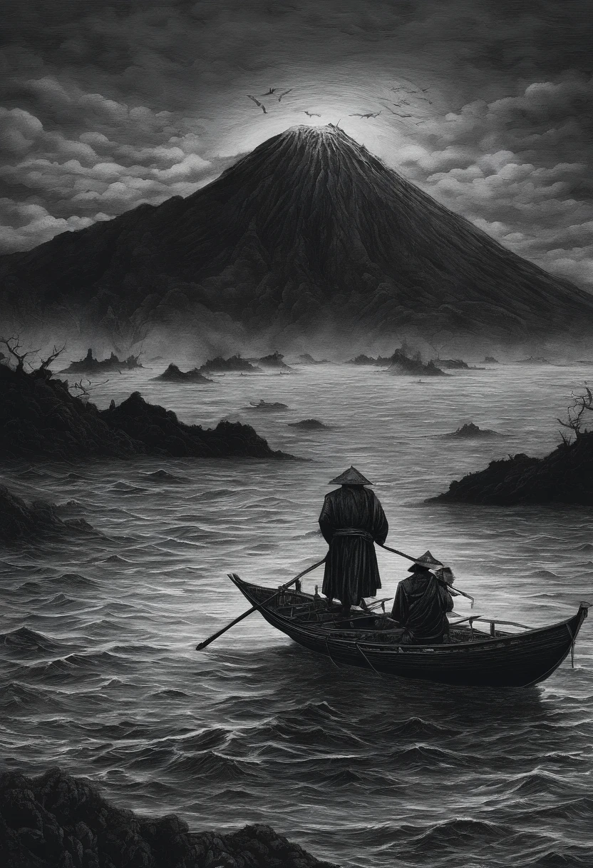 Japanese fisherman arriving on a large island with an inactive volcano, noite, luar, neblina