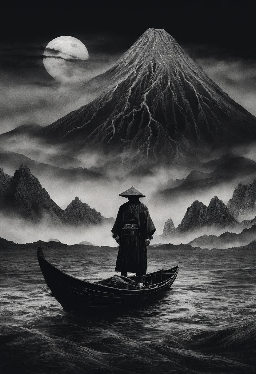 Japanese fisherman arriving on a large island with an inactive volcano, noite, luar, neblina