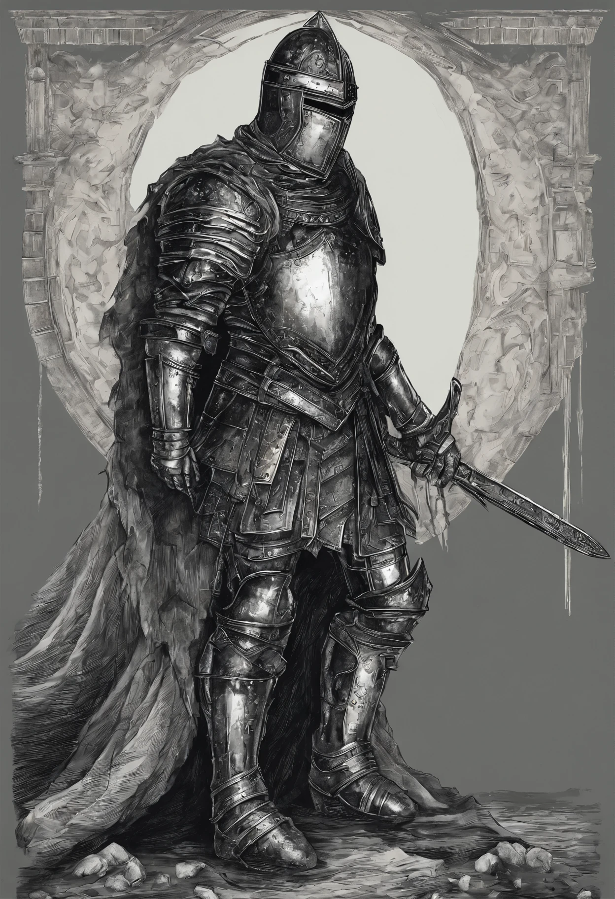 Illustration based on the referenced medieval fantasy knight. The knight is in the same position, vestindo uma armadura prateada completa. The cuirass is adorned with laurel designs reminiscent of the Romans. Their gauntlets and boots are made of the same silver metal as the rest of the armor. He is covered with a flowing red cape. A face do escudo, that's next to him, Displays the appearance of a beautiful woman with wavy hair, mantendo o restante dos detalhes da imagem original.