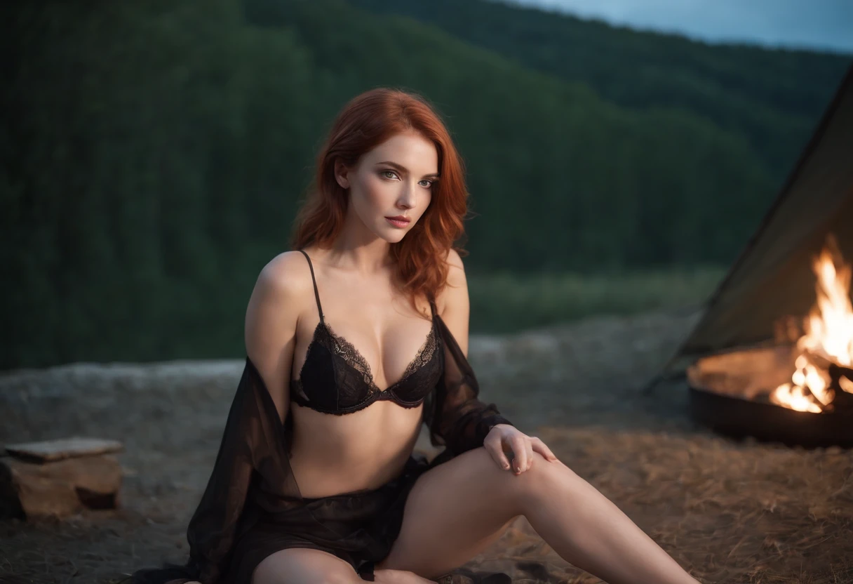 Beautiful, sexy, attractive redhead, (black lingerie with stockings), sexy eyes, (camping), intimate, hot, sensual, on hands and knees, waiting, slutty, wide angle shot, (no extra legs), (No extra arms) night, campfire, tent in background, ((1 young man sitting in background)), perfect face, masterpiece, high quality