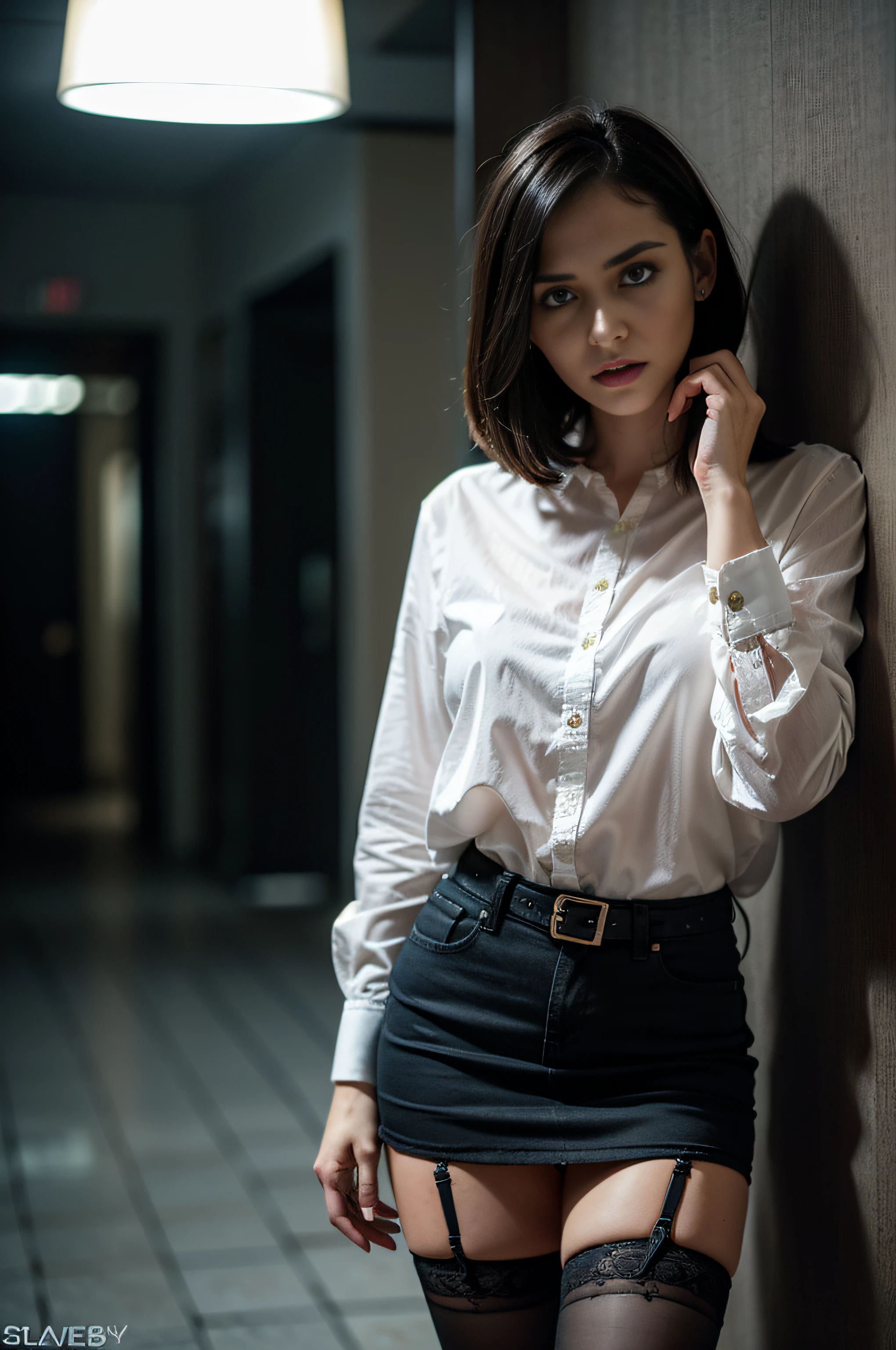 (Best Quality,hight resolution:1.2),The woman,Expressive wrinkles,Bob haircut,jeans skirt,blouse,(dark lace stockings with garters), highheels,Detailed eyes and face,expression of despair,Dark and moody lighting,ominous vibe,desperation,trap, (Imminent Doom:1.2), Psychological thriller, At the mercy of shameful desires, (slavegirl:1.4)