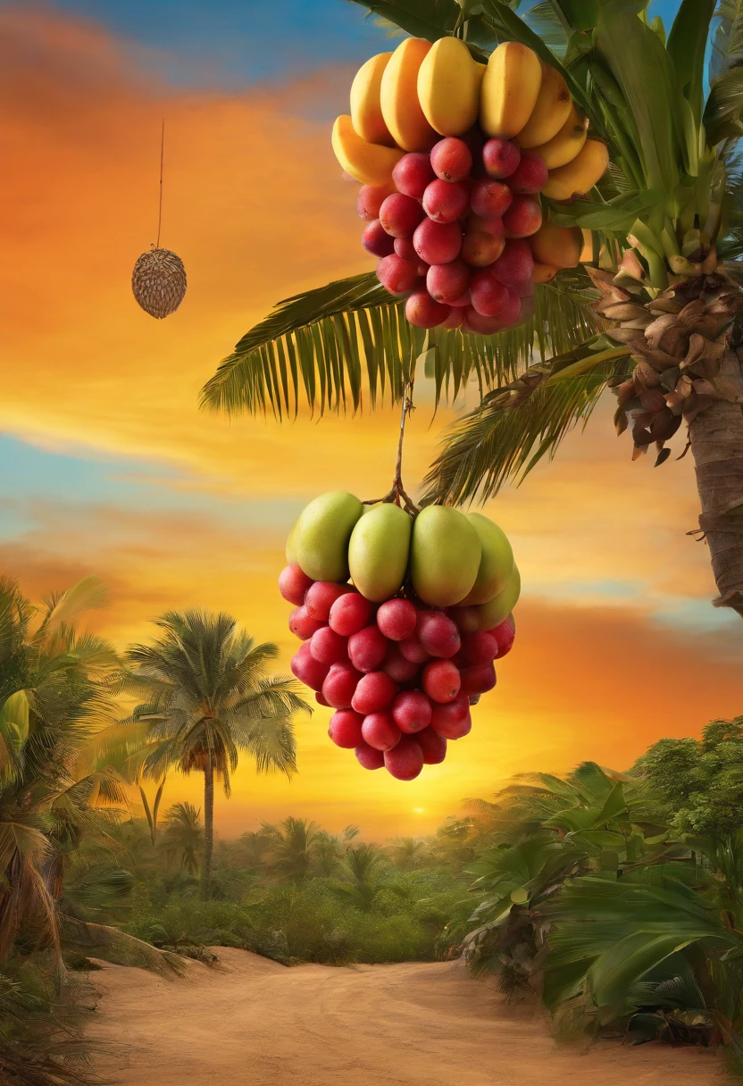 paysage exotique, fruits exotique, livres et papyrus volant, no human:1.3), ultra realist, vibrant, beau, UHD, 8K, extremly detailed, photographie, photorealism, natural light, Vibrant colors, digital painting