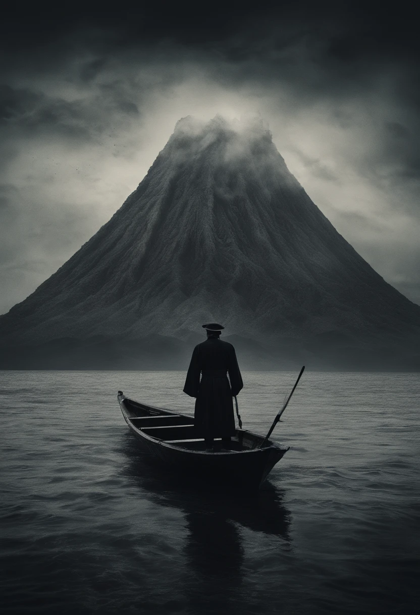 Japanese scientist arriving on a large island in a small boat with an inactive volcano, noite, luar, neblina, realismo