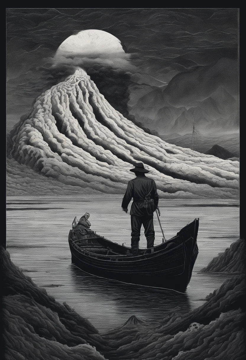 Japanese scientist arriving on a large island in a small boat with an inactive volcano, noite, luar, neblina, realismo