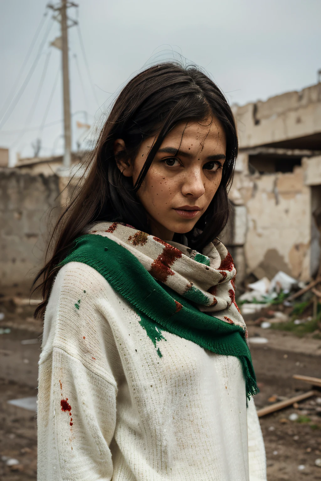Portrait of a black-haired female model in a white and green designer sweater stained with blood and dirt , in the ripped revolutionary clothing style , Avec le pull bien en vue, un drapeau palestinien sur une fenetre dans un decore demolis , Panasonic GH5, Expressions mysterieuse et triste , Unobtrusive image, texture nette - Image #2 @SlengSleng