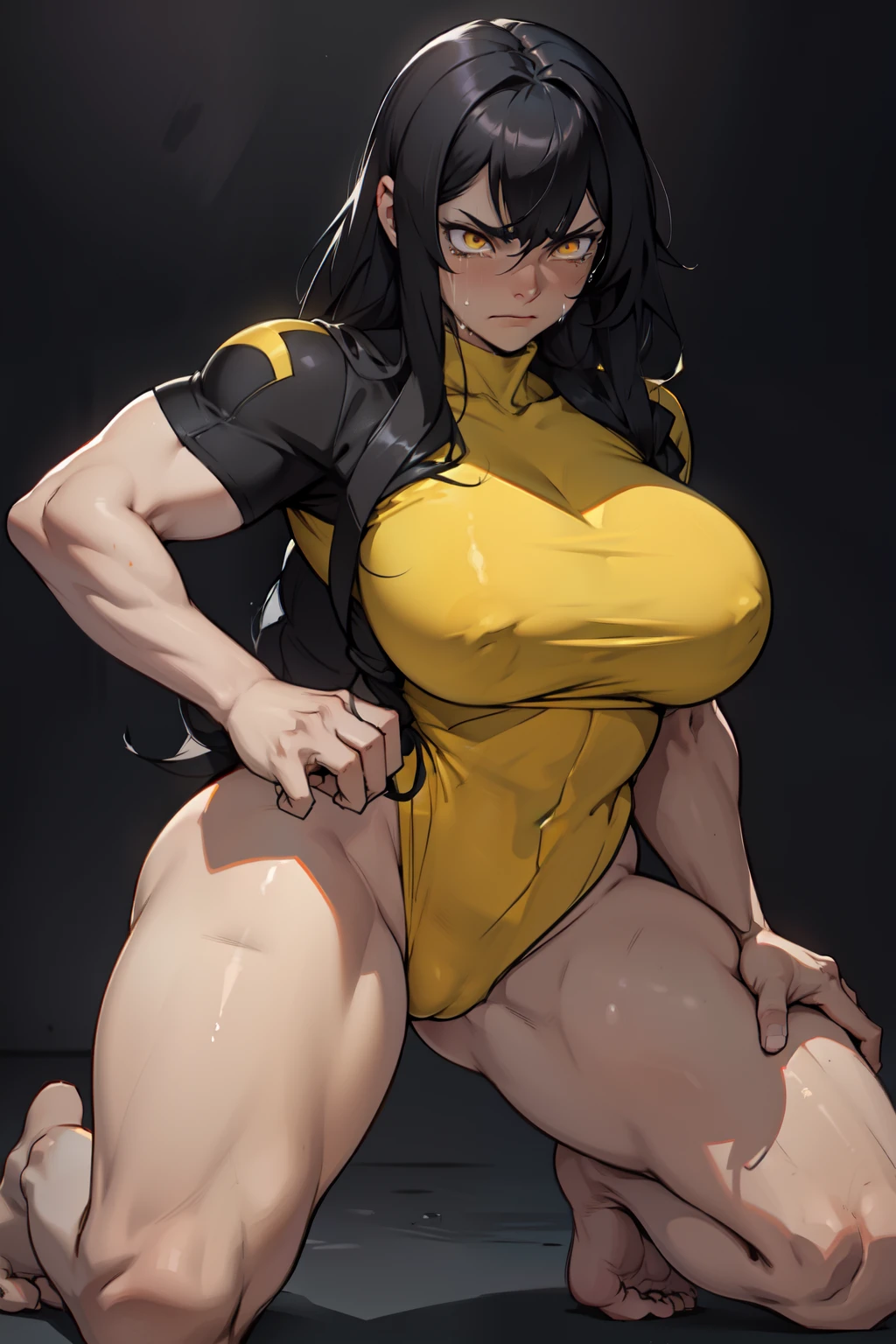 an angry muscular girl with long silky black hair and yellow eyes dark atmosphere pale skin huge breasts close up (crying) kneeling down from below (((hand behind back)))