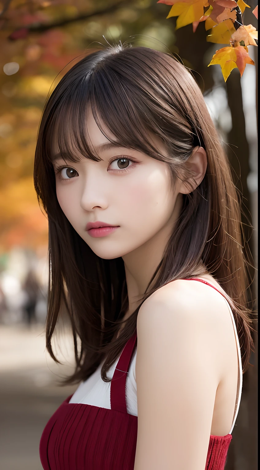 masutepiece, Best Quality, Illustration, Ultra-detailed, finely detail, hight resolution, 8K Wallpaper, Perfect dynamic composition, Beautiful detailed eyes, Women's Fashion Autumn,Medium Hair,Small breasts natural color lip,,Harajuku、20 years girl、Cute、Sexy shot looking at camera、autumnal、Wood Bright、Transparency、Sadness face、
