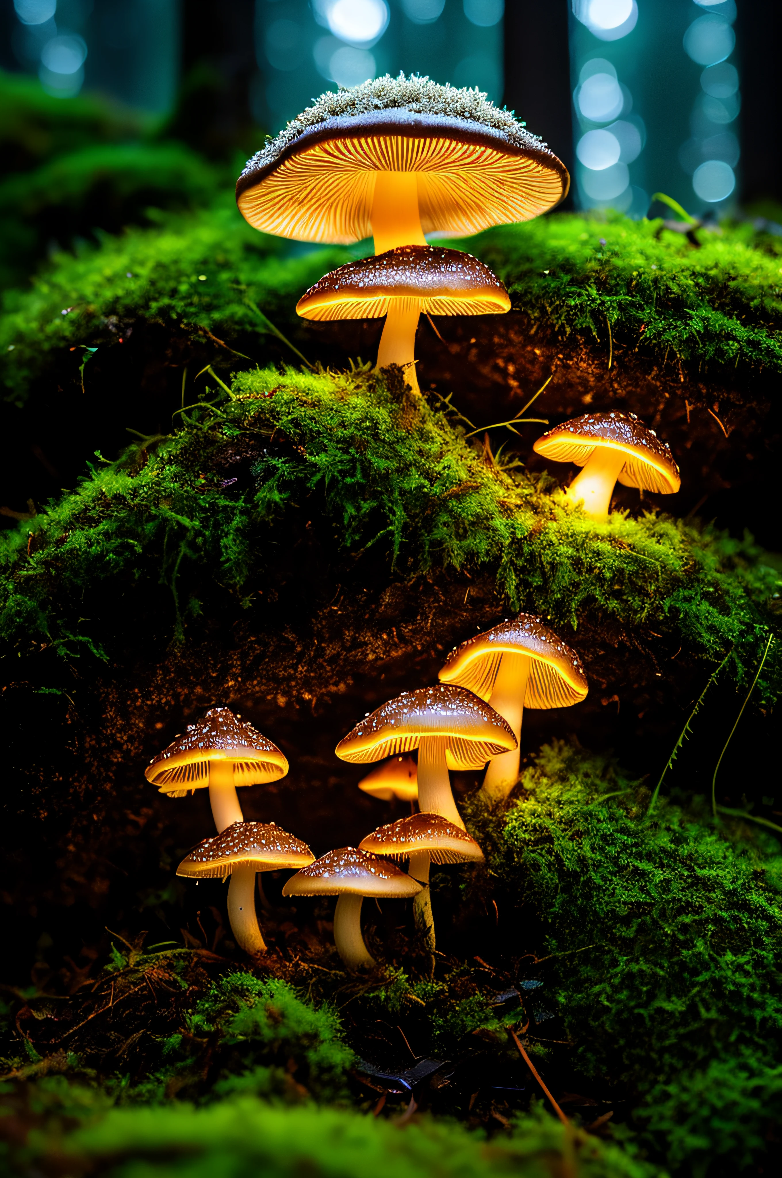 fantasy mushroom, mycelium, (glow), night forest, dark theme, turf, cinematic, moss, grass, macro photography, (sharp shot), mj