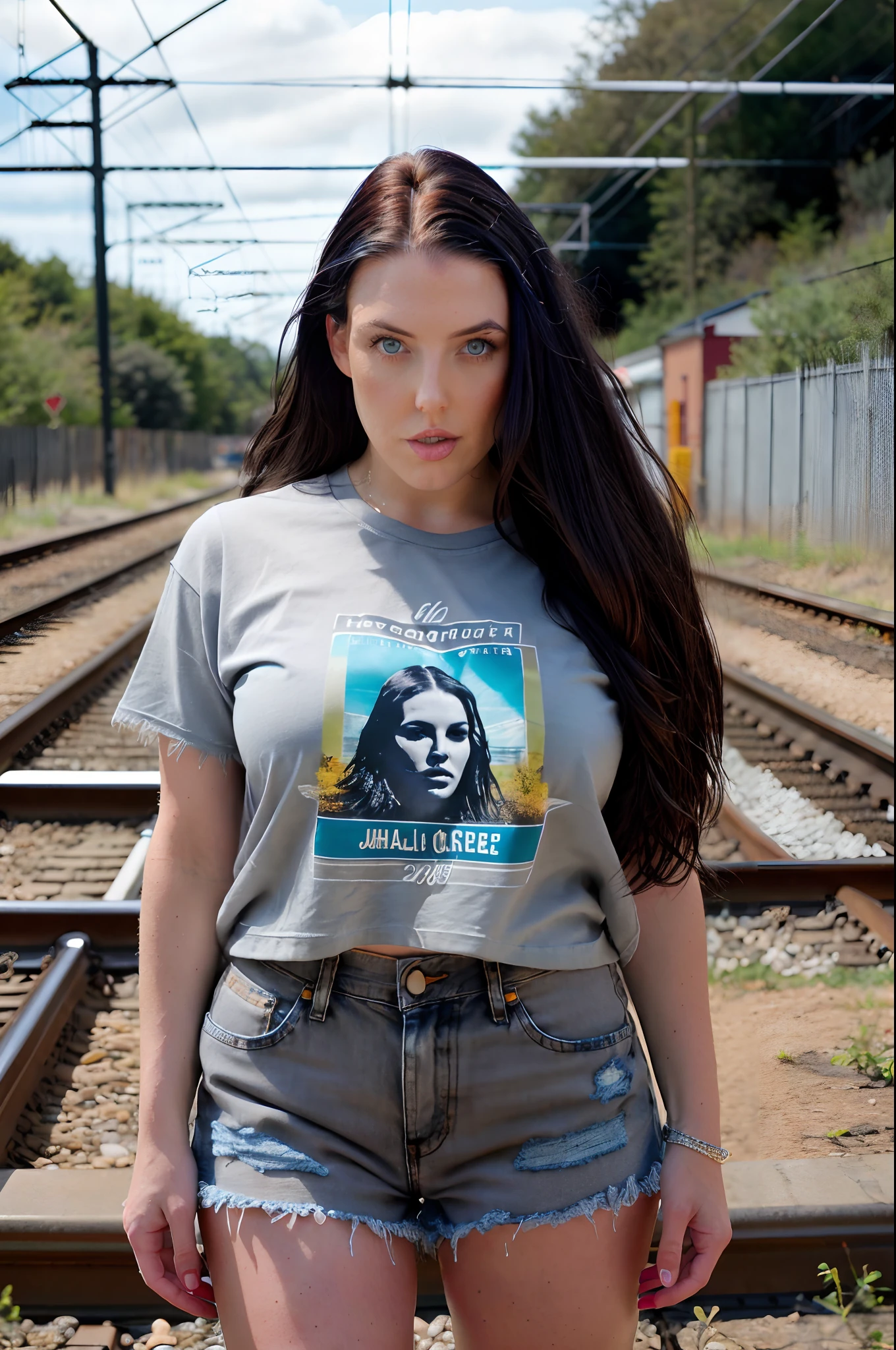 hyper-realistic photo of Angela White, 28, (gray cotton t-shirt, frayed denim shorts) (piercing, blue eyes) (silky, flowing hair) (skin texture), suburbia, powerlines, train tracks, late summer colors , hot, analog quality, best shadow, film grain, raw, instagram lut ((large shot))