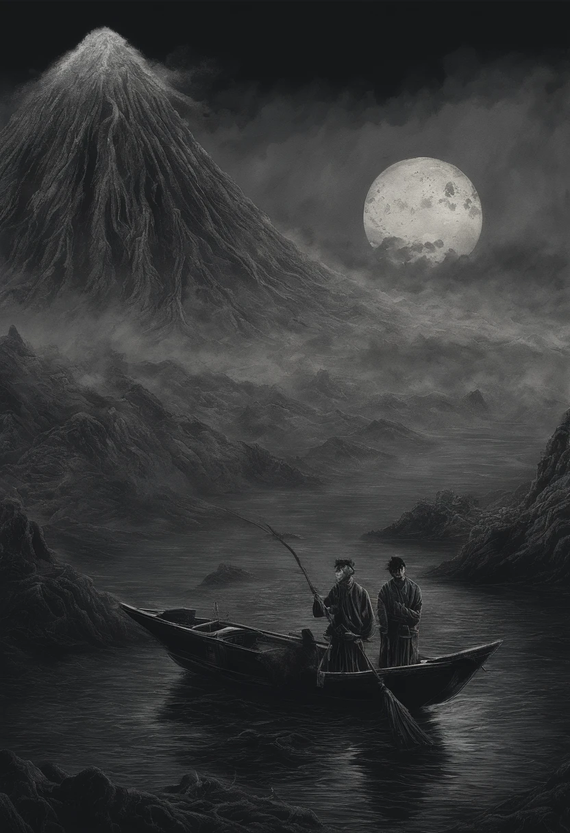 Japanese scientist, com camisa branca, Arriving on a large island in a small boat with an inactive volcano, noite, luar, neblina, realismo