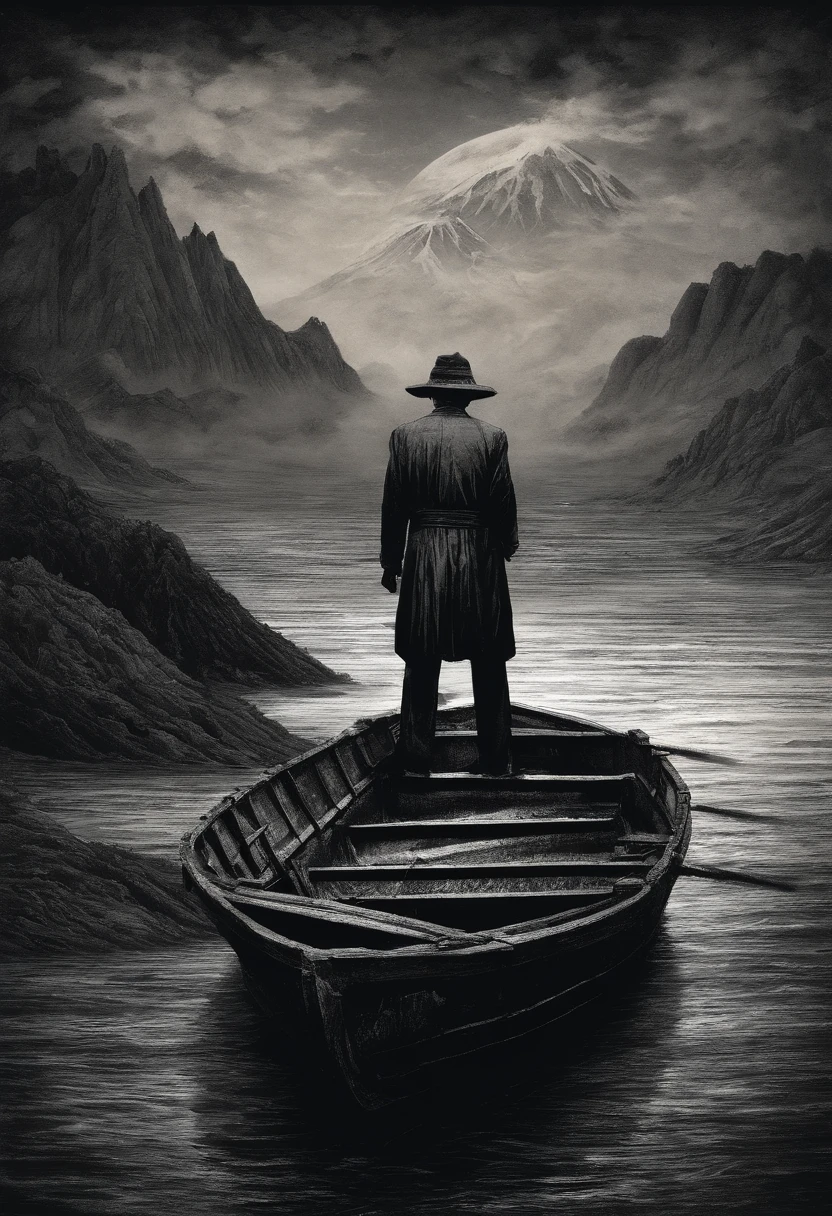 Japanese scientist, com camisa branca, Arriving on a large island in a small boat with an inactive volcano, noite, luar, neblina, realismo