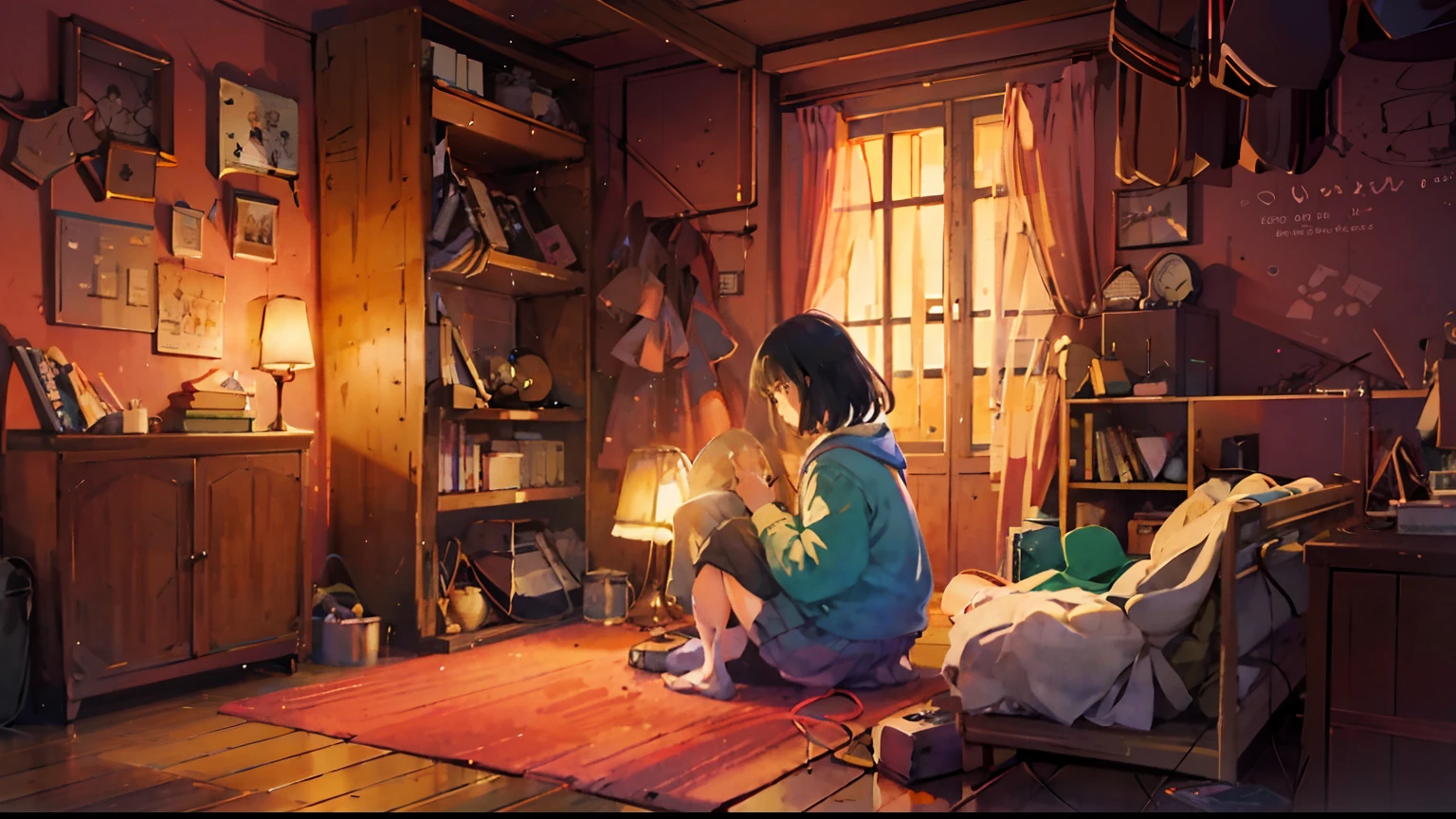 Anime girl sitting on the floor in a room with a lamp, Lofi Girl, lofi art, lofi artstyle, Atey Ghailan 8 K, lofi portrait, LOFI Colours, inspired by Atey Ghailan, lofi, in style of atey ghailan, Lofi Feeling, Relaxing concept art, Lofi Girl Aesthetics