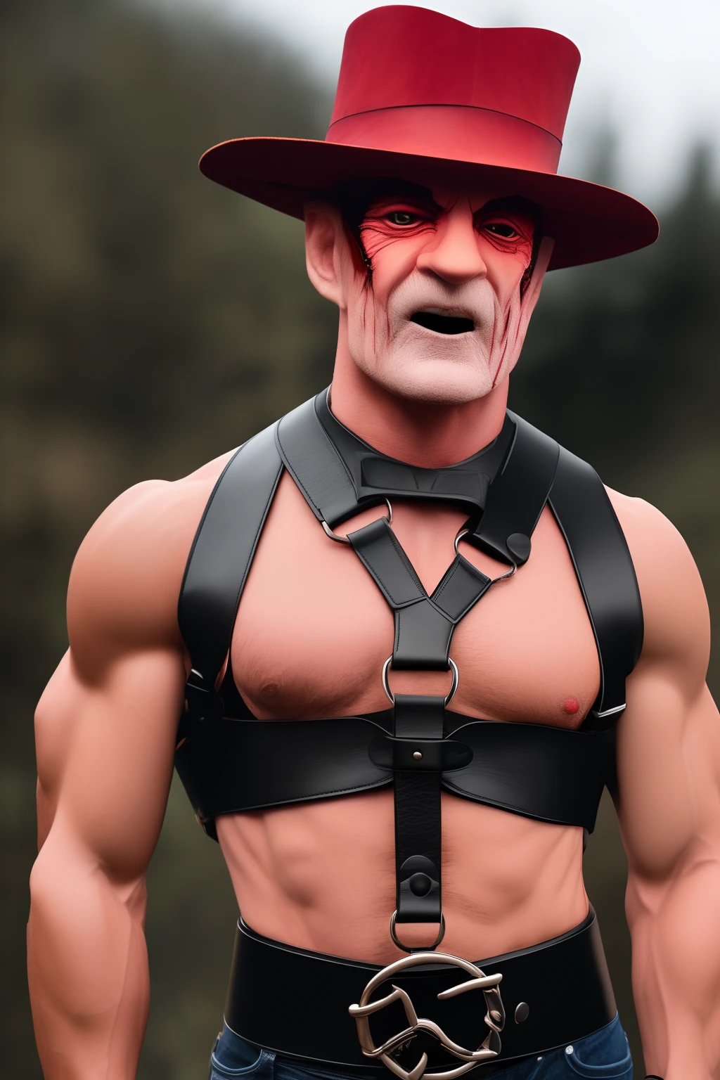 Freddy Krueger with a gay leather harness. Masculine. Hairy. Muscular. Realistic. 4k. Leather chest harness. Freddy Kruger face. Halloween. Real life.