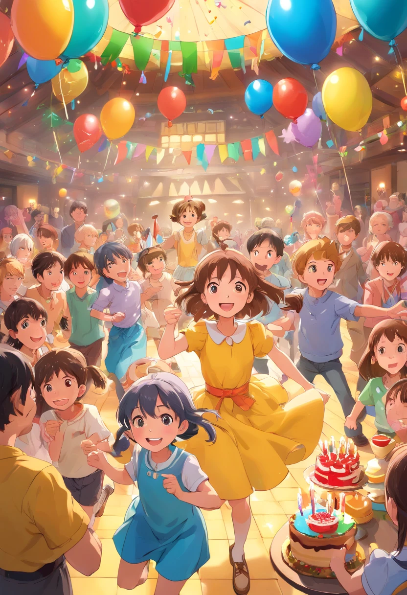 (best quality, 4k, highres, masterpiece:1.2), ultra-detailed, realistic:1.37, vivid colors, studio lighting, bokeh, HDR, joyful, children's birthday party, cheerful, well-lit, colorful balloons, delicious birthday cake, excited kids playing games, party hats, festive decorations, fun activities, laughter-filled moments, happy children, vibrant atmosphere, lively music, presents and gifts, joyful celebration, smiling faces, party games and prizes, group photo, birthday candles, birthday wishes, party favors, merry festivities, play area, bouncing castle, candy buffet, face painting, balloon animals, magic show, ice cream stand, birthday banners, indoor party, party supplies, party invitations, goodie bags, high energy, birthday song, celebration cheers, memorable moments, dance and dance floor