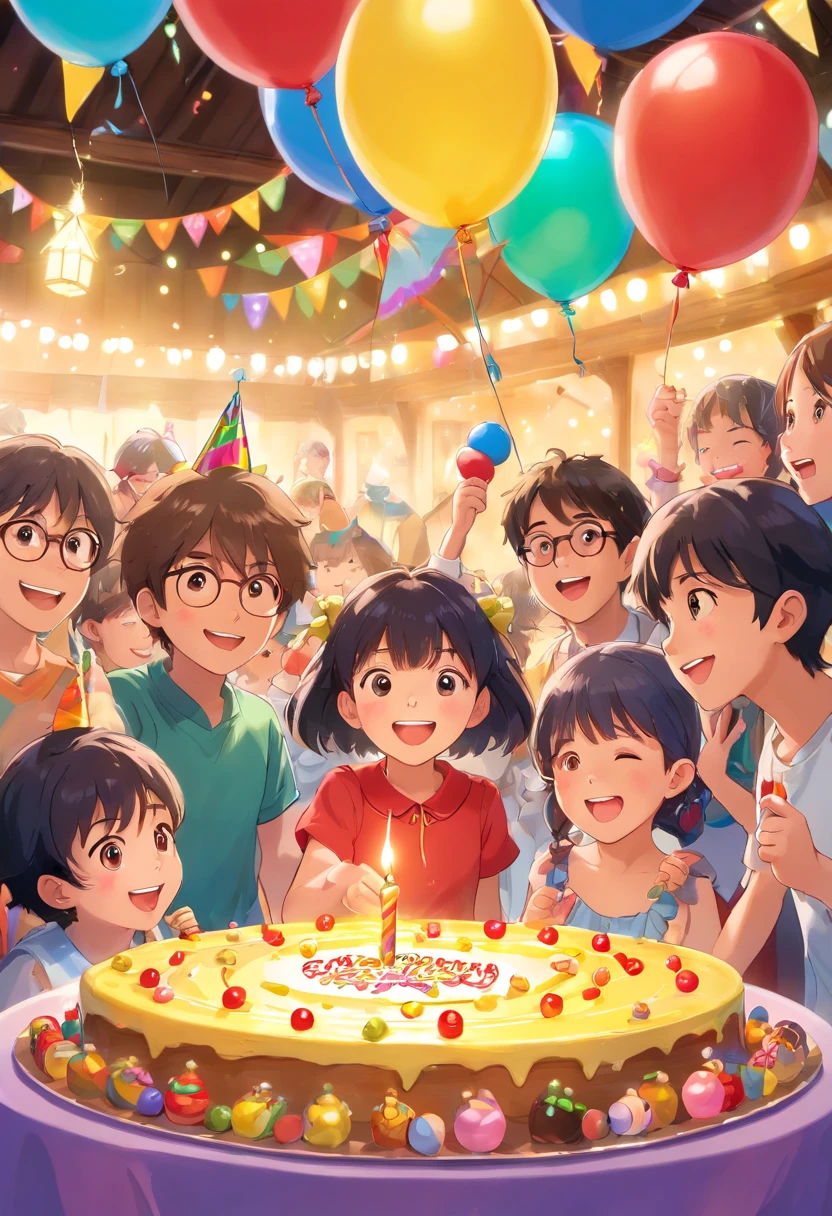 (best quality, 4k, highres, masterpiece:1.2), ultra-detailed, realistic:1.37, vivid colors, studio lighting, bokeh, HDR, joyful, children's birthday party, cheerful, well-lit, colorful balloons, delicious birthday cake, excited kids playing games, party hats, festive decorations, fun activities, laughter-filled moments, happy children, vibrant atmosphere, lively music, presents and gifts, joyful celebration, smiling faces, party games and prizes, group photo, birthday candles, birthday wishes, party favors, merry festivities, play area, bouncing castle, candy buffet, face painting, balloon animals, magic show, ice cream stand, birthday banners, indoor party, party supplies, party invitations, goodie bags, high energy, birthday song, celebration cheers, memorable moments, dance and dance floor