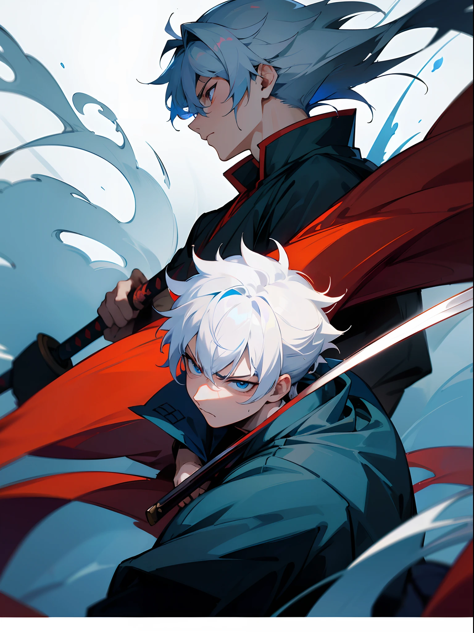 Samurai side profile, named flame tear, (his eyes were the color of blue flames) (wearing a white and blue Jenbei), angry, bloody, death, white hair, young, 24 years old, unstoppable, samurai sword in frame, 8k, masterpiece, looks like gentoki from anime gintama, facing right