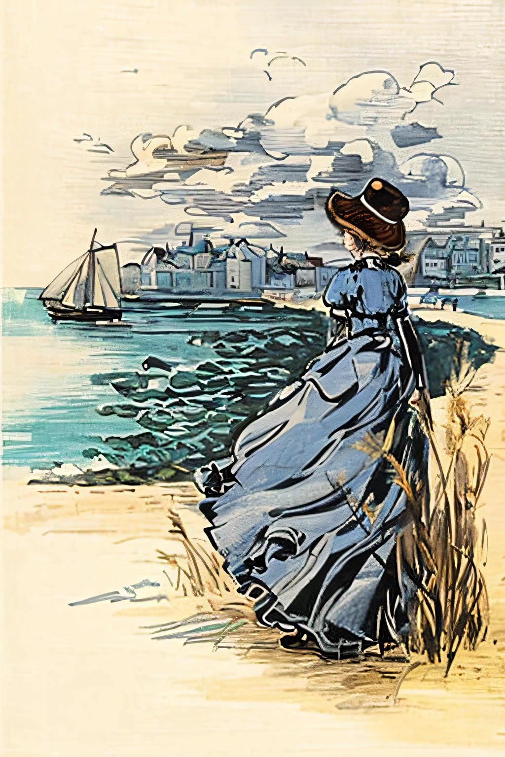 Painting of a woman in a blue dress and hat on the beach, Louis Anquetin, Alexandre Benois, Vignette illustration, Illustration from 1900, in a beachfront environment, woman on the beach, Rita Angus, Jack Butler Yates, Eugene Grasset, ( art fitzpatrick ), Norman Saunders, Émile Bernard