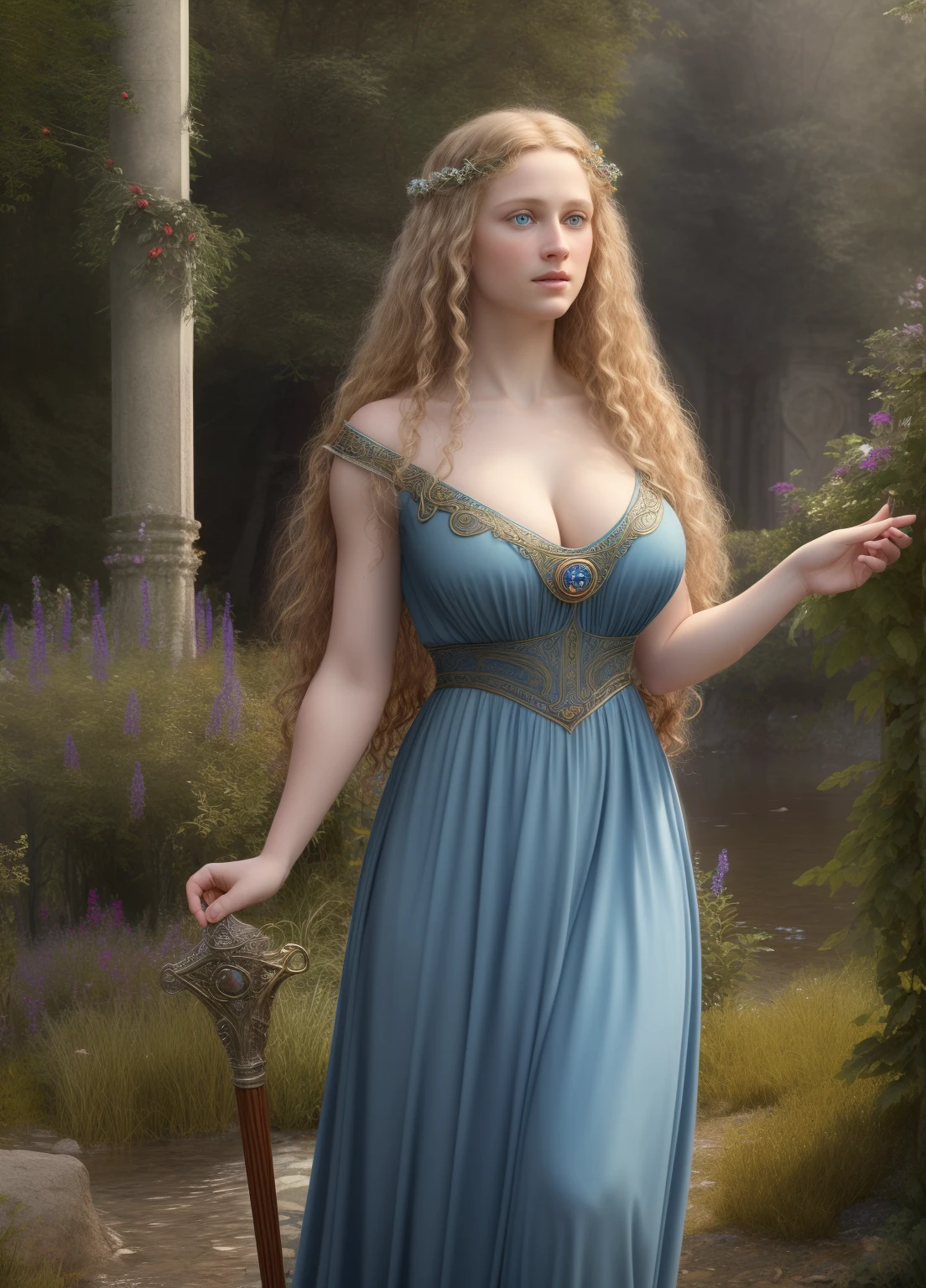 (best quality,4k,8k,highres,masterpiece:1.2),ultra-detailed,(realistic,photorealistic,photo-realistic:1.37),Enchanted temple, full-length masterpiece, young virginia otis long curly blonde hair, blue eyes, cute young face, spies on the worshipers of the celtic goddess freia. small breasts, (masterpiece), excellent quality, expressive eyes, perfect face, adventure, year 1887, inspiration for the covers of weird tale, in the background the worshipers of freia.