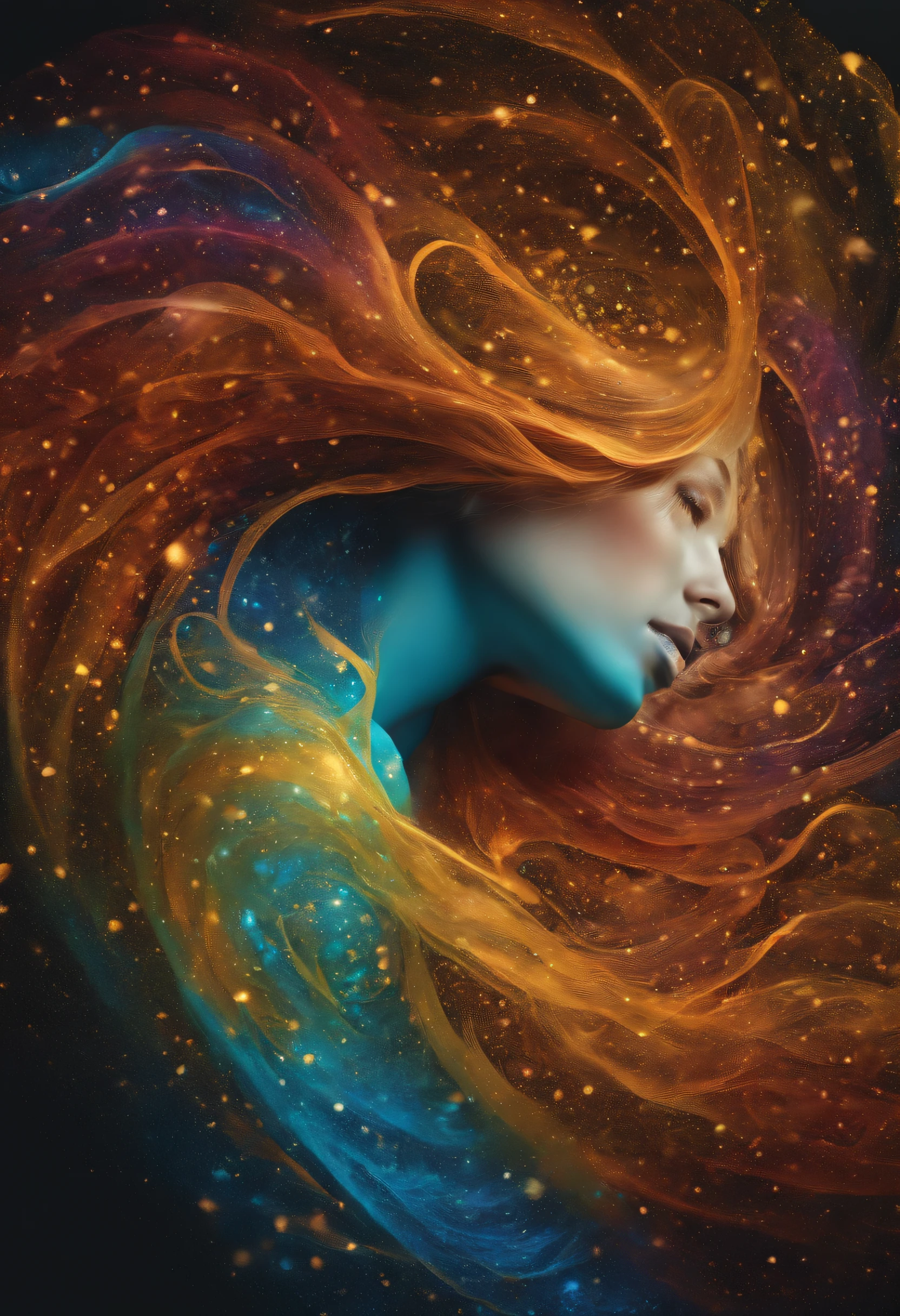 Capture the spirit of wind with liquid ink unfreezing into a whirlwind of pointilism, traversing a spectrum of multiple random colors, 4k concept art, extreme detail, intricate, luminescent glowing canvas, motion, dynamic, sharp glossy focus, create a perfect female face with intricate detail, ornate, best quality, masterpiece