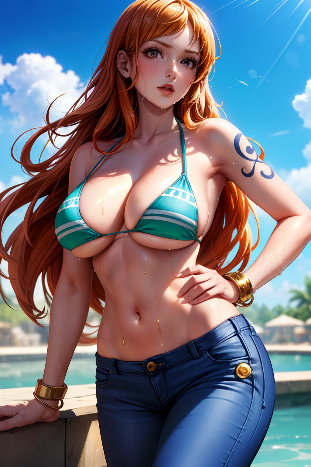 ((Masterpiece)) ((best quality)) ((Ultra detailed)) ((1woman)) ((bikini)) ((bikini top only)) ((orange long hair)) ((silky long hair)) ((right shoulder tattoo)) ((long nose)) ((one piece nami)) ((NAMI)) ((wet body)) ((BIG tits)) ((attractive eyes)) ((sharp eyes)) ((slim body)) ((high resolution shadows)) ((attractive colours)) ((blue sky)) ((log pose on her hand)) ((golden bracelets)) , tight , lower-rider jeans , light shadows