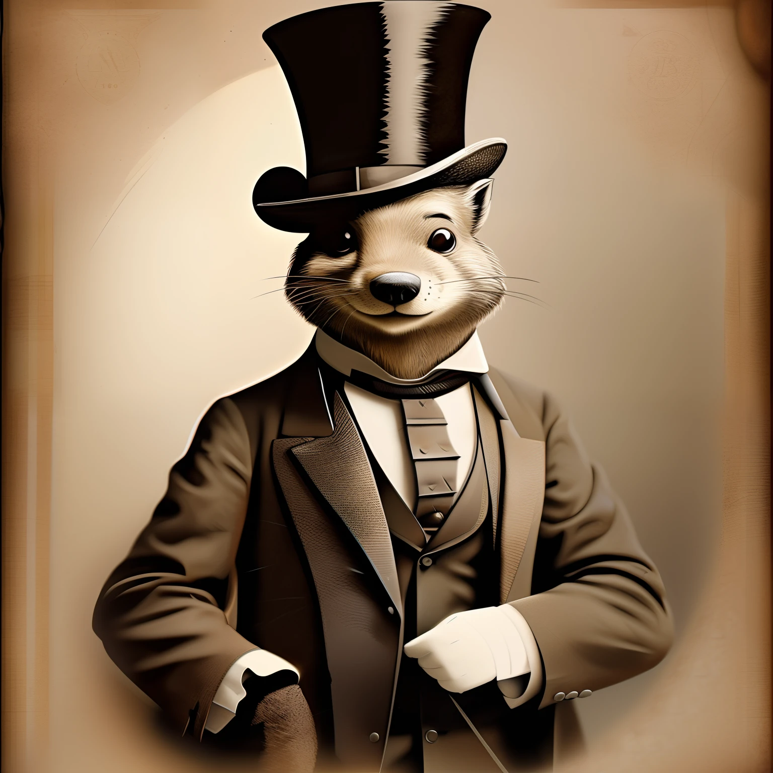 Beaver dressed in a suit and top hat with a bow tie, anthropomorphic beaver, anthropomorphic beaver in costume, an anthropomorphic rat, anthropomorphic gangster Beaver wearing a monocle, sophisticated, buckteeth, late 1800's portrait, high detail, photo realistic, dynamic lighting