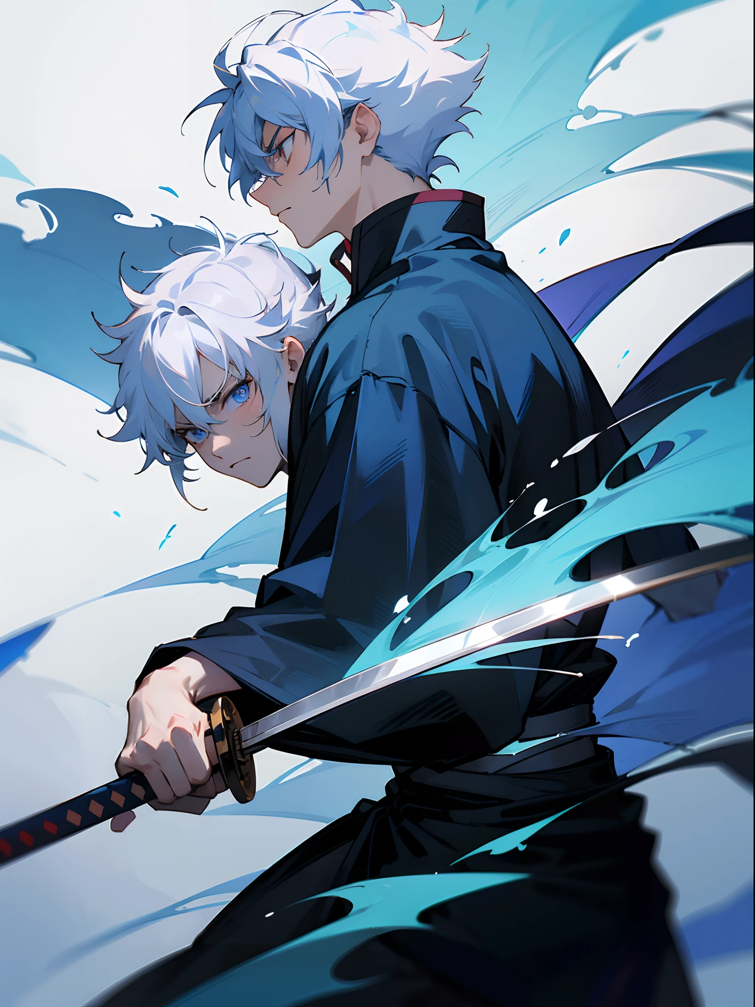 Samurai side profile, named flame tear, (his eyes were the color of blue flames) (wearing a white and blue Jenbei), angry, bloody, death, white hair, young, 24 years old, unstoppable, samurai sword in frame, 8k, masterpiece, looks like gentoki from anime gintama, facing right