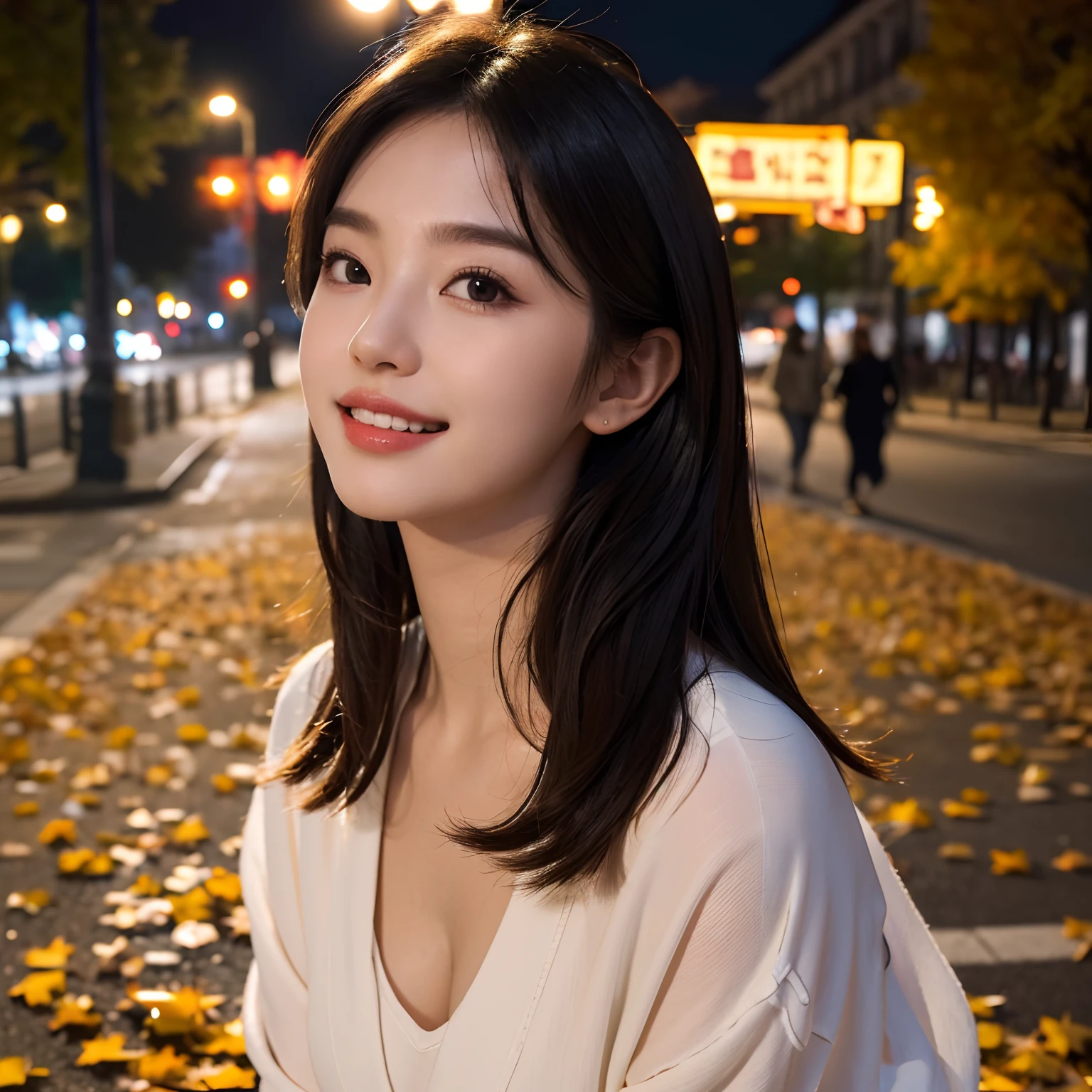 (Best quality,16k,A high resolution,Masterpiece:1.2),Ultra-detailed,(Realistic,Photorealistic,photo-realistic:1.37),Korean fashion beauty,Japanese and Korean beauties,cute and innocent,Detailed eyes and face,beautiful detailed lips,Long eyelashes,slimification,fashionable in dressing,Plump upper circumference, big smile with teeth,(Lovely,Charming:1.1), falling leaves, autumn street background,Stylish clothes and accessories, Vivid colors,Street lights