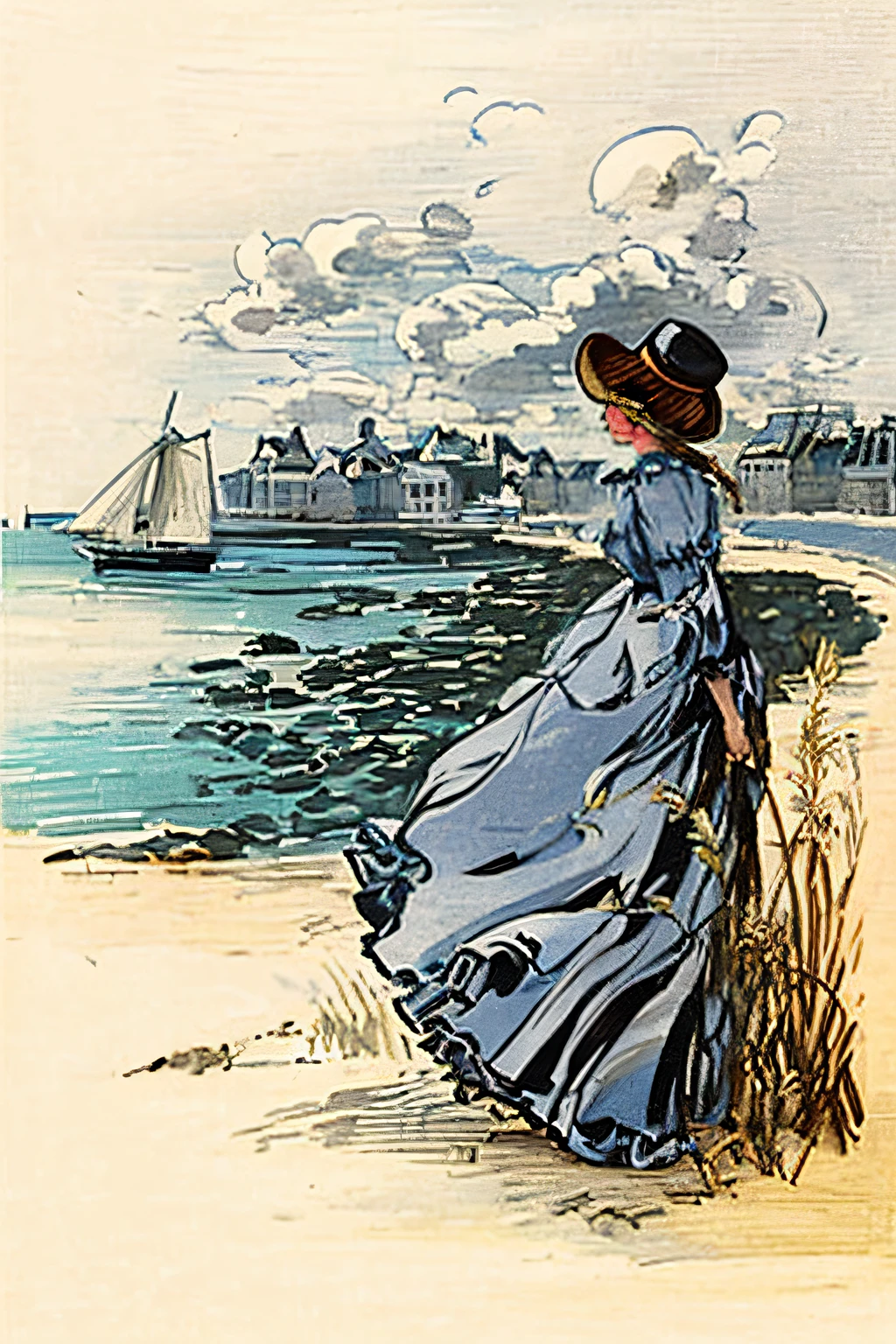 Picture of a woman in a blue dress and hat on the beach, Louis Anquetin, Alexandre Benois, Vignette illustration, Illustration from 1900, in a beachfront environment, woman on the beach, Rita Angus, Jack Butler Yates, Eugene Grasset, ( art fitzpatrick ), Norman Saunders, Émile Bernard