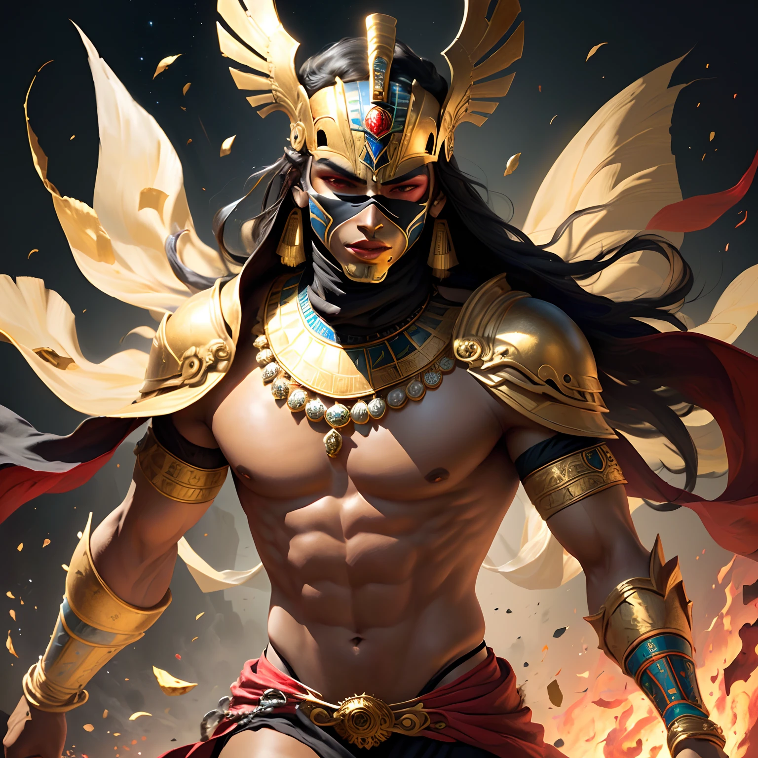 King with gold mask, Hyper detailed Egyptian style, negro, lips painted red, Giant adornments around the head running down the shoulders