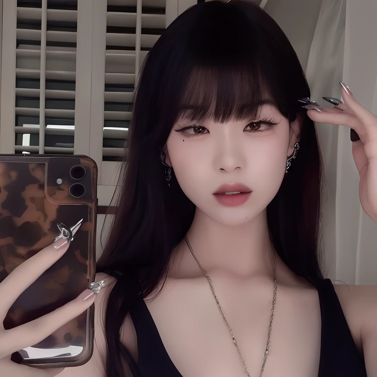 Araffe Asian woman with long black hair and a black tank top holding a cell phone, cruel korean goth girl, ulzzang, goth girl aesthetic, Ella tiene el pelo negro con flequillo, maquillaje popular de Corea del Sur, 8k selfie photograph, 🤤 girl portrait, maquillaje coreano popular, pale goth beauty, 1 7 - year - old anime goth girl
