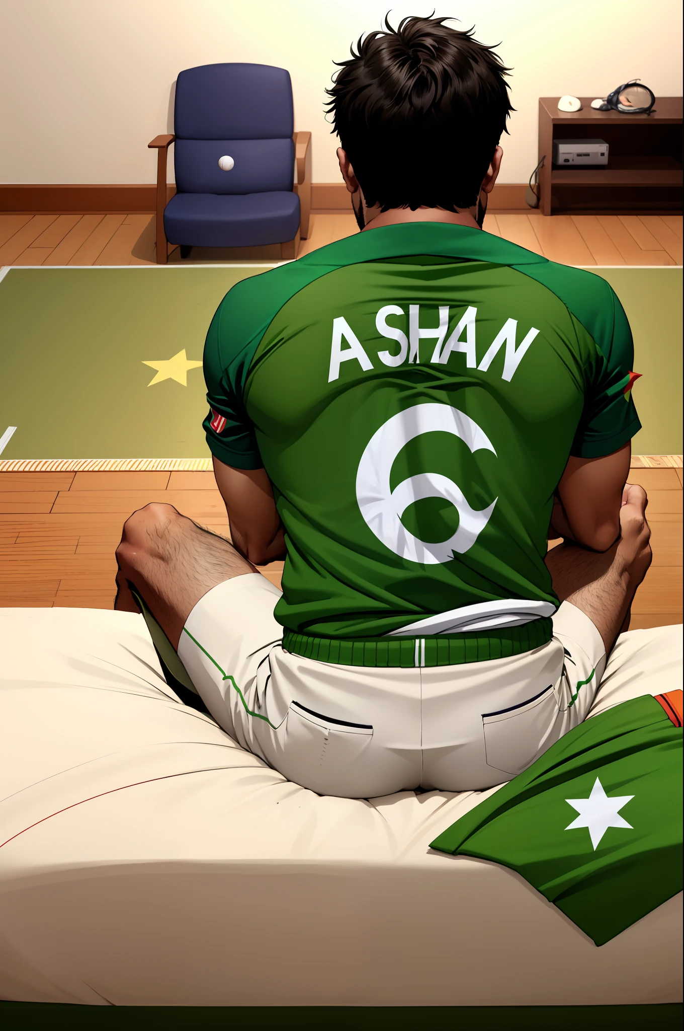 A boy watch Pakistan cricket match on tv , he wears new Pakistan cricket team shirt and write name " Aoun " on back side shirt