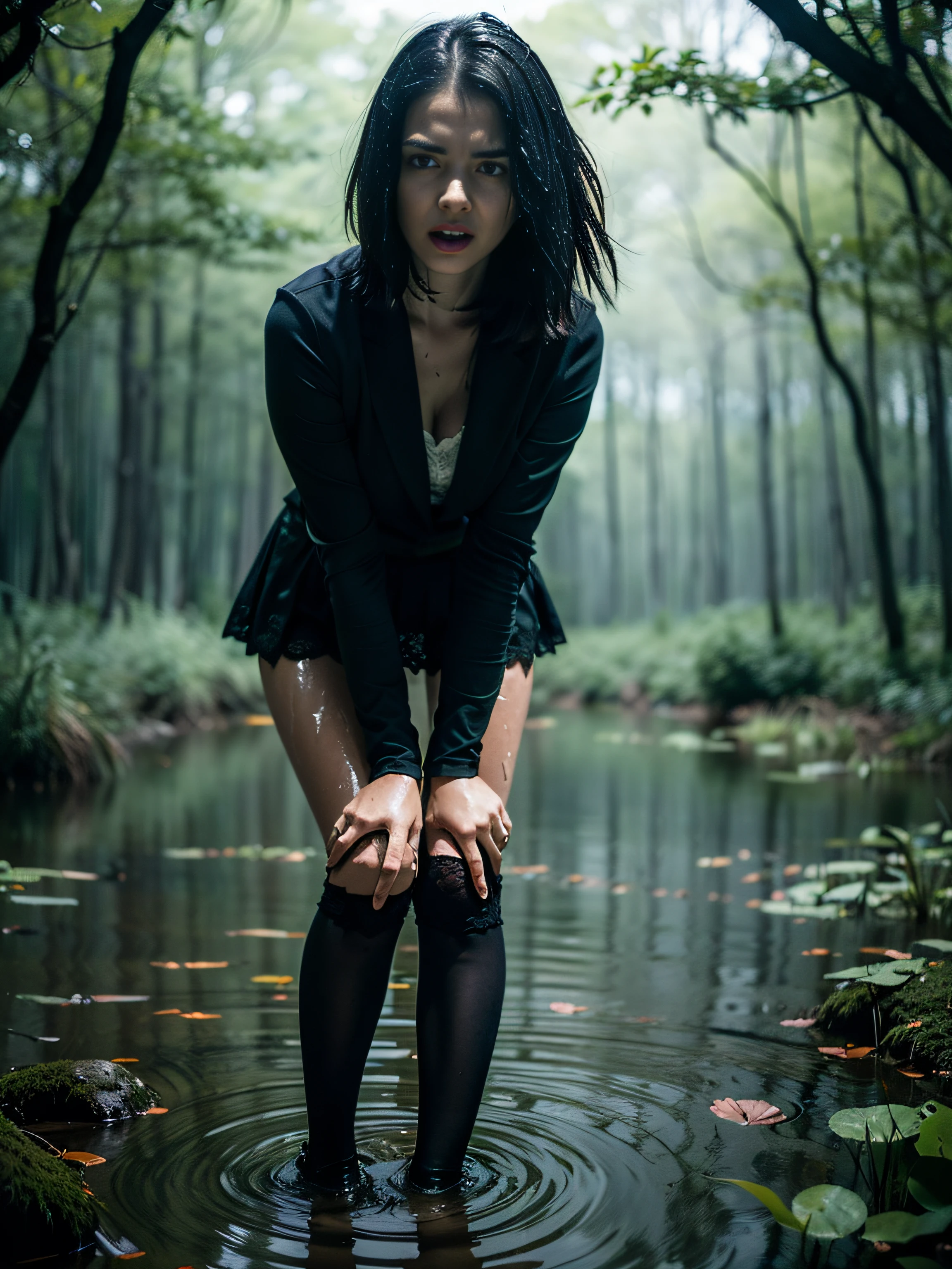 (Best Quality,hight resolution:1.2),The woman,Expressive wrinkles,Bob haircut,jeans skirt,blouse,(dark lace stockings with garters), ( Drowning in a knee-deep swamp:1.4),Detailed eyes and face,expression of despair,Dark and moody lighting,ominous vibe,desperation,trap, (Imminent Doom:1.2), Psychological thriller,