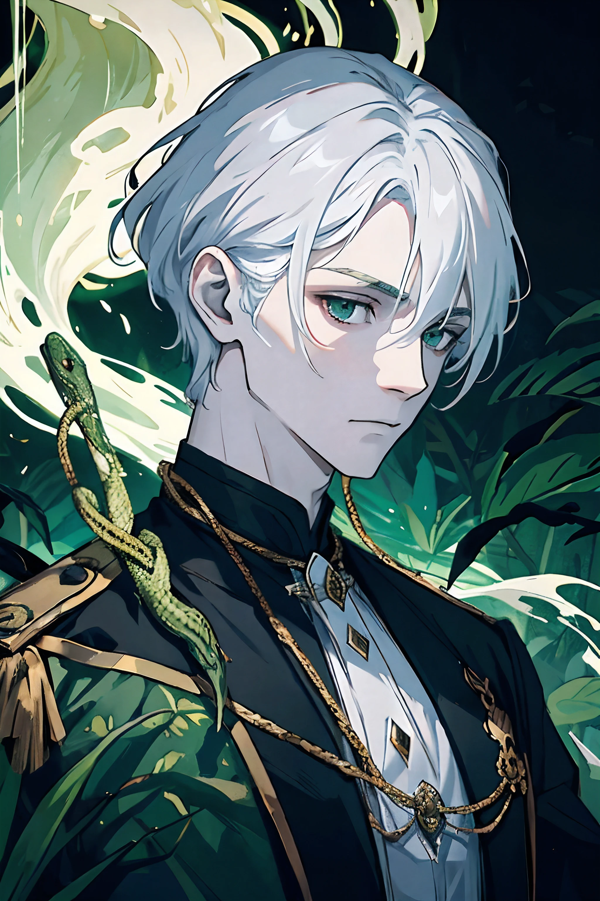 A man with pale skin and long white hair, Standing in the middle of a dark and mysterious forest. He is surrounded by green and golden snakes. He wears a black tunic with dark green accents, that matches the family crest he wears on his chest. He looks at the viewer with a neutral and serene expression, without showing any emotion. Ele parece estar em sintonia com as criaturas que o cercam, como se fossem parte dele. He's the lord of snakes, e elas o seguem fielmente.