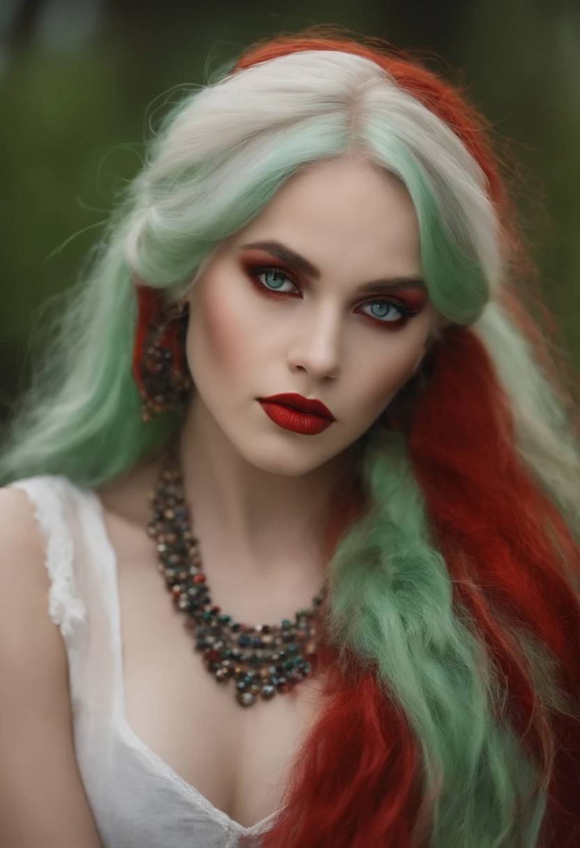 Fillette, left eye green and right eye red, white hair and a mole under the mouth on the right