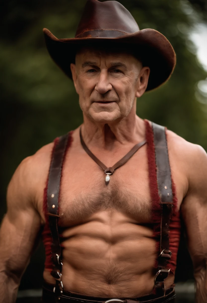 Freddy Krueger Halloween shirtless with a leather harness. Hairy chest and body. Muscular. Masculine. Freddy Krueger claws. Realistic Freddy Krueger. Halloween costume ideas. Gay bear. Leather harness. 8k. Real engine.