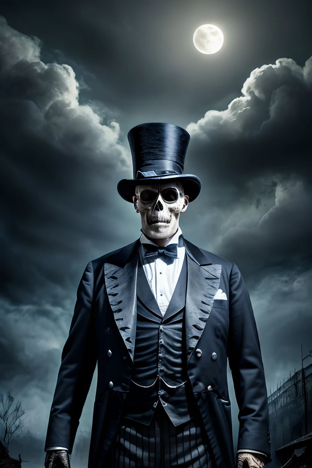 guttojugg1, A scary looking man wearing glasses who is a creepy undertaker with a skull for a head, wearing a tuxedo and top hat, holding a shovel, background is a full moon and bats, mood is morbid, shadowy, dreadful, gloomy, haunting, dark stormy sky, dramatic lighting, character design.