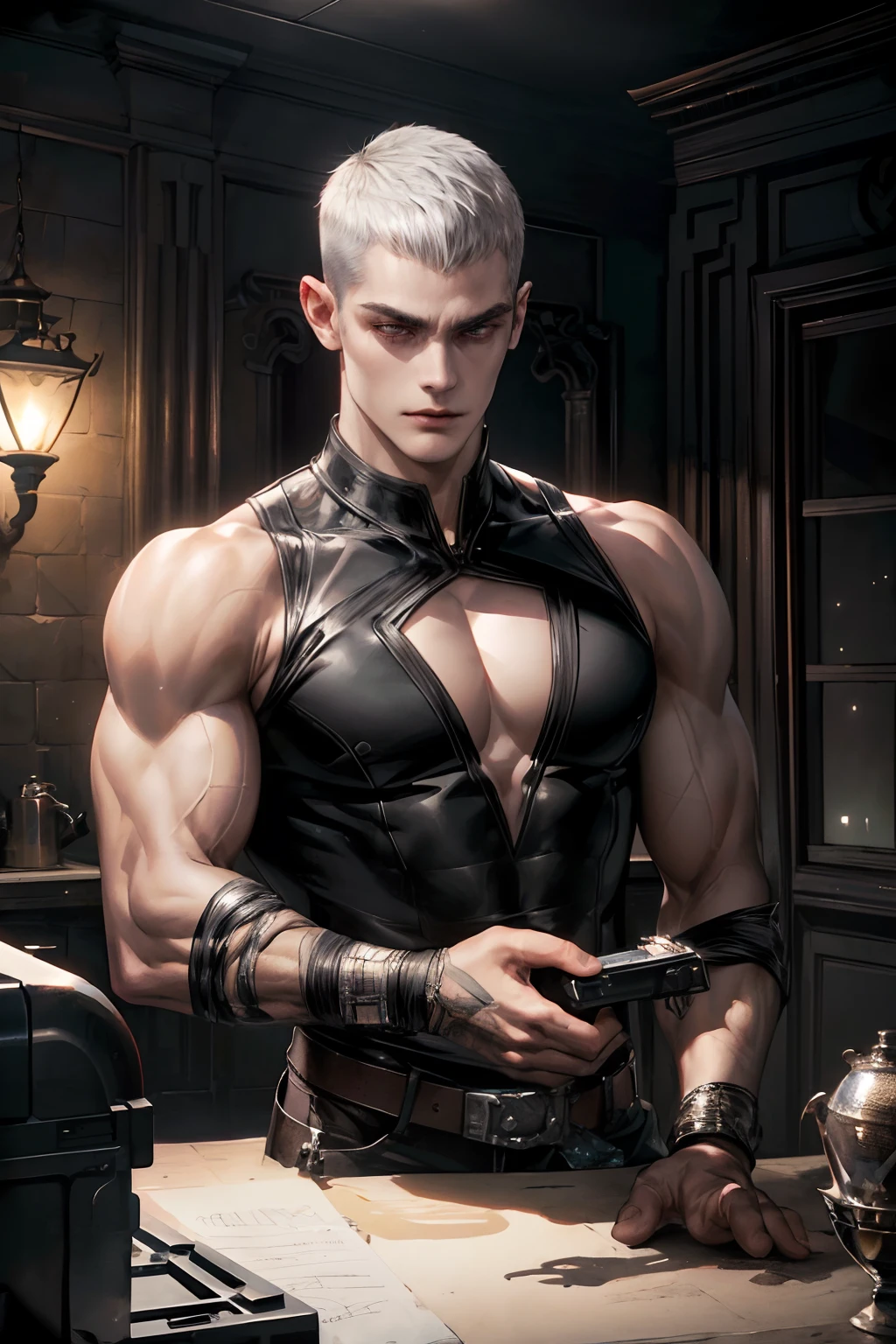 masterpiece, 1male, handsome, tall muscular face, ((POV)), adult, male, murderous, standing still, ((solo)), (forehead), (buzzcut + topcut), short bangs, hair between eyes, voluminous short hair, silver hair, handsome, serious, silver eyes, ((sleeveless black blouse)), wide trapeze, bare shoulder, square chin, ((black cover with broxe)), (muscular), (muscular arm:1.3), dark fantasy, syberpunk, sci-fi ((ultra detailed face,  cinematic, ultra detailed, concept art, illustration 4d, 16k)), dynamic lighting, ultra quality, 4K, realistic models.