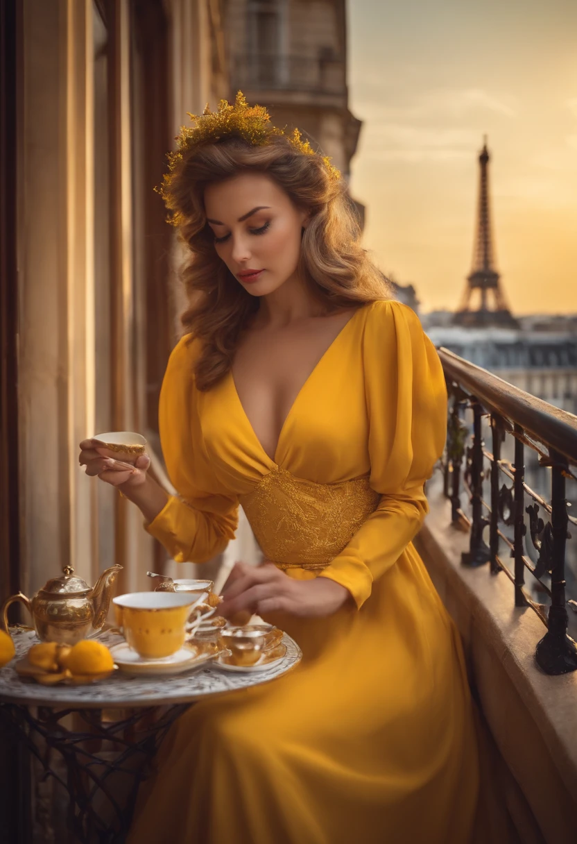 Beautiful woman having tea on a balcony with yellow dress in Paris at Christmas
