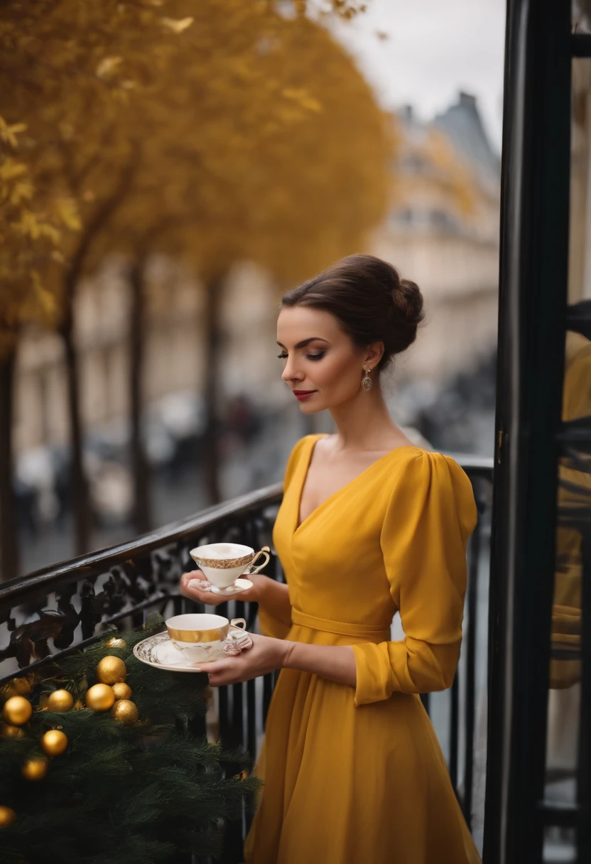 Beautiful woman having tea on a balcony with yellow dress in Paris at Christmas