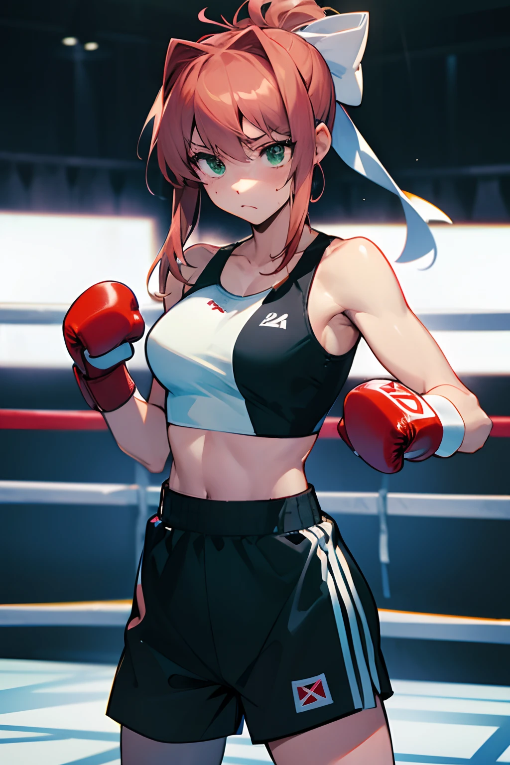 Monika from Doki Doki Literature Club! engaged in a boxing match while wearing boxing attire. Dress her in the appropriate boxing gear, including boxing gloves, shorts, and a sports bra or tank top. Additionally, please give her striking green eyes, and add a stylish bow tie to her hair. She should be shown in an action pose, showcasing her determination and skill in the boxing ring.

Ensure that the image conveys her confidence and intensity as a boxer, with focused facial expressions and dynamic body language. The background can be a boxing ring or a gym, adding to the realism and excitement of the scene. This image should blend Monika's character with her newfound passion for boxing.