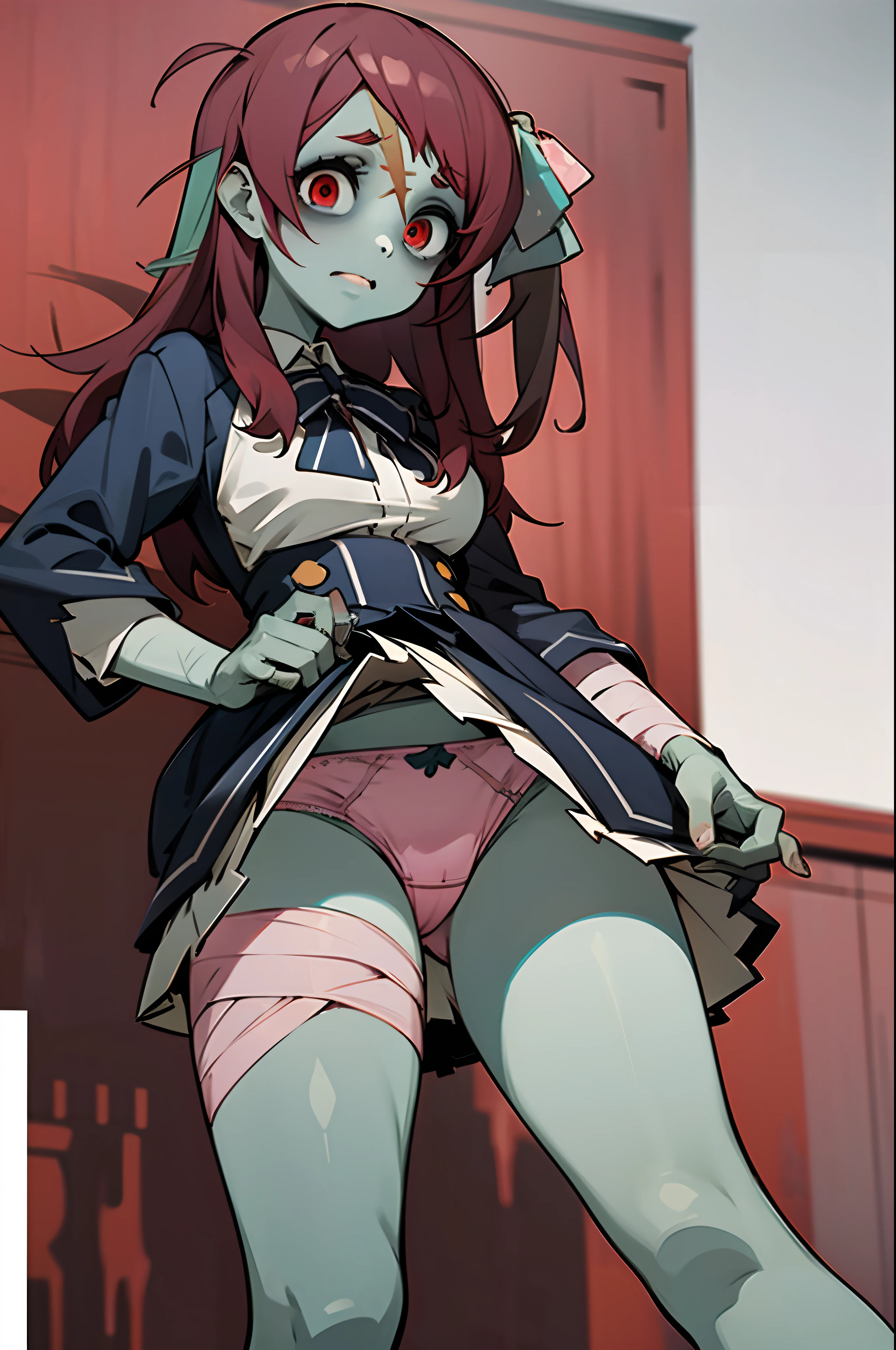 (masterpiece), (best quality), (ultra-detailed), sakura zombie, 1girl, zombie, blu skin, upskirt, panties