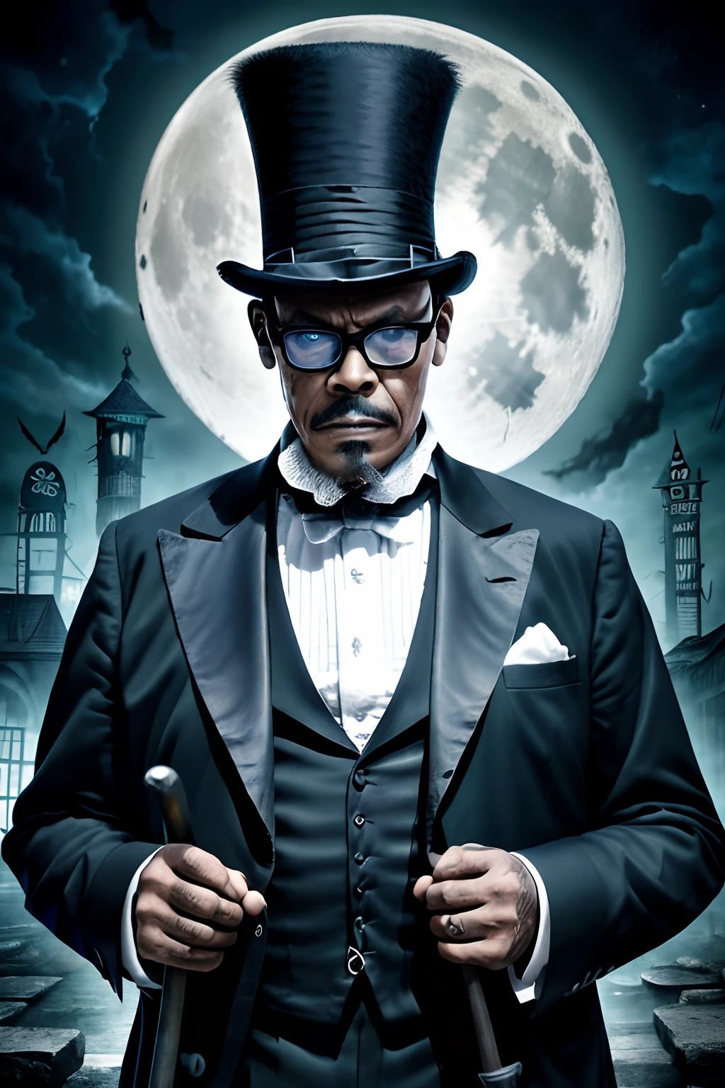 guttojugg1, A scary looking man wearing glasses who is a creepy undertaker, wearing a tuxedo and top hat, holding a shovel, background is a full moon and bats, mood is morbid, shadowy, dreadful, gloomy, haunting, dark stormy sky, dramatic lighting, character design.