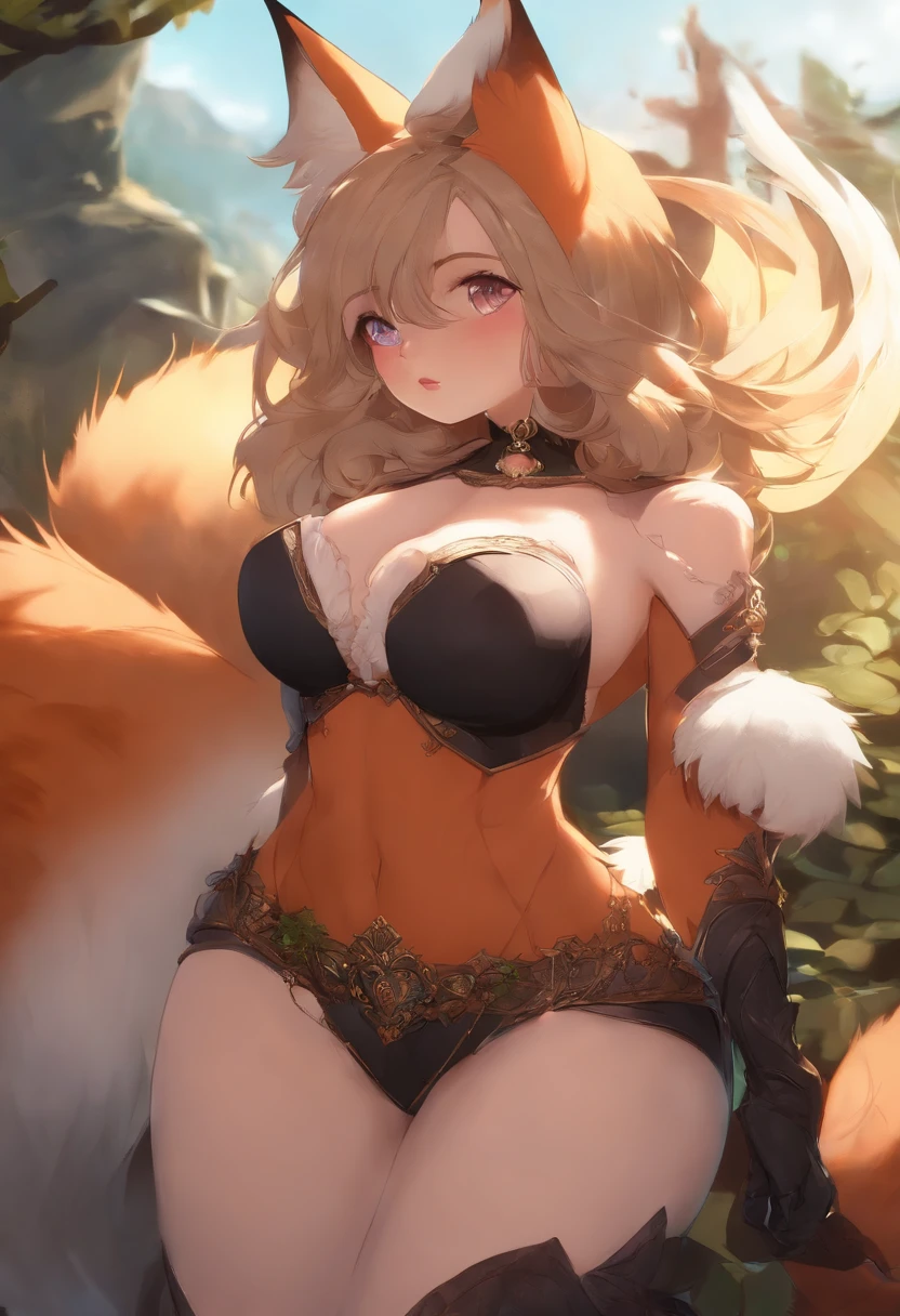 1girl, solo, heart pupils, Anthropomorphic fox, huge butt, big breasts, facing away viewer
