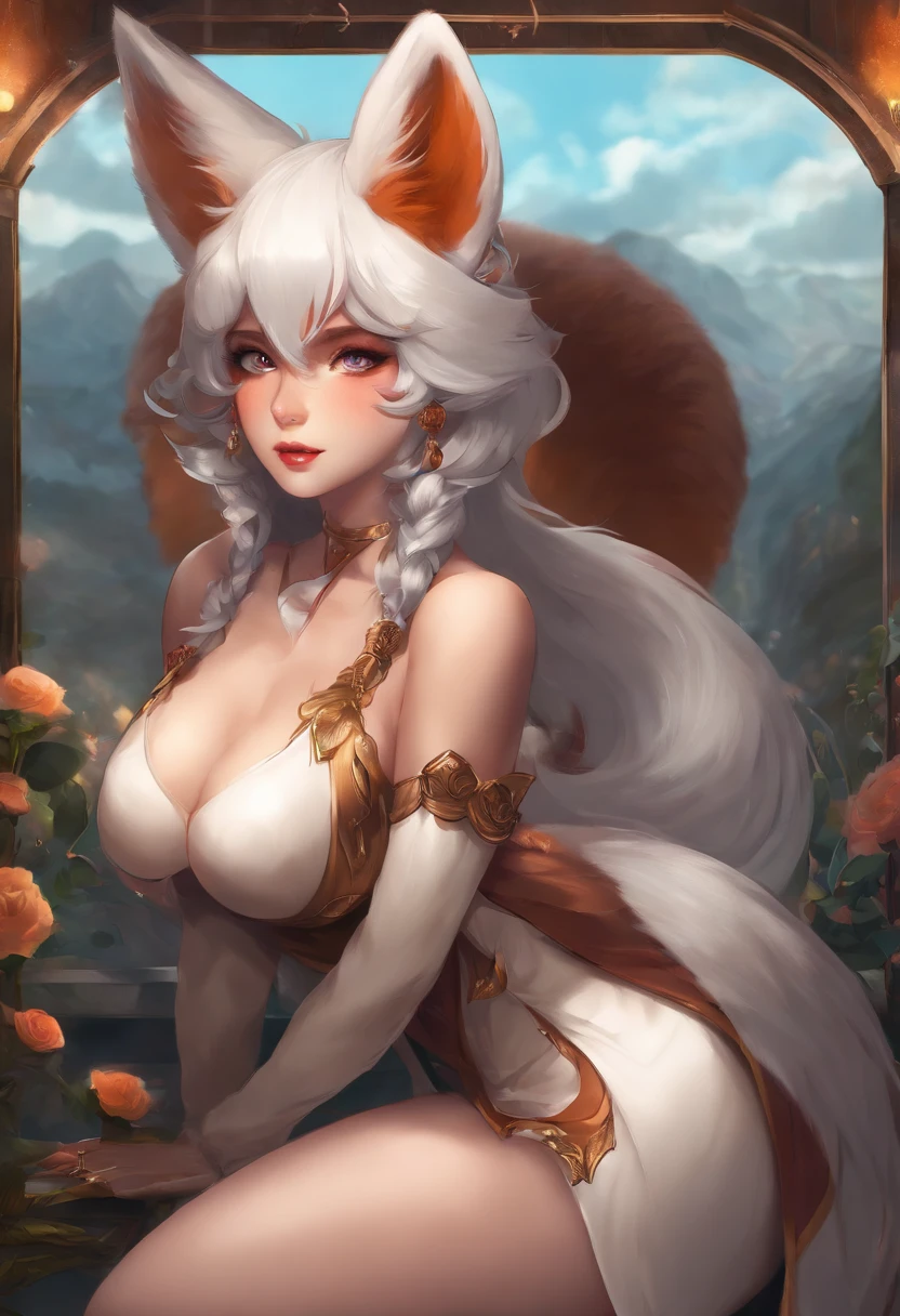 1girl, solo, heart pupils, Anthropomorphic fox, huge butt, big breasts, facing away viewer