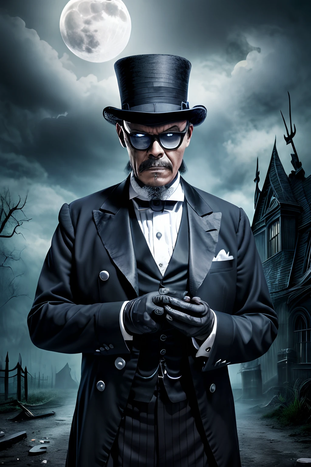 guttojugg1, A scary looking man wearing glasses who is a creepy undertaker, wearing a tuxedo and top hat, holding a shovel, background is a full moon and bats, mood is morbid, shadowy, dreadful, gloomy, haunting, dark stormy sky, dramatic lighting, character design.